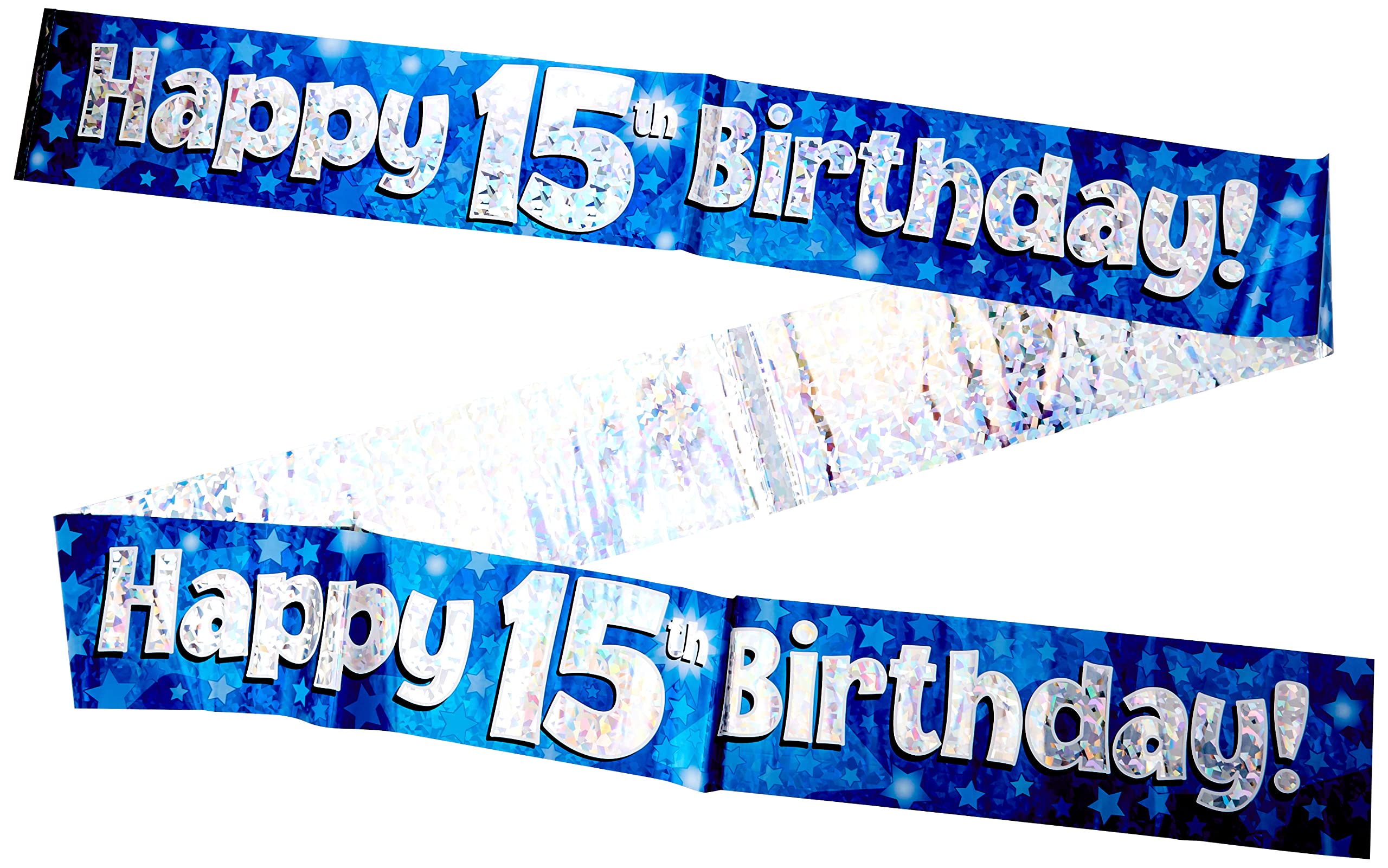 OakTree Happy 15th Birthday Banner - Blue Holographic | 9 ft Length | Foldable