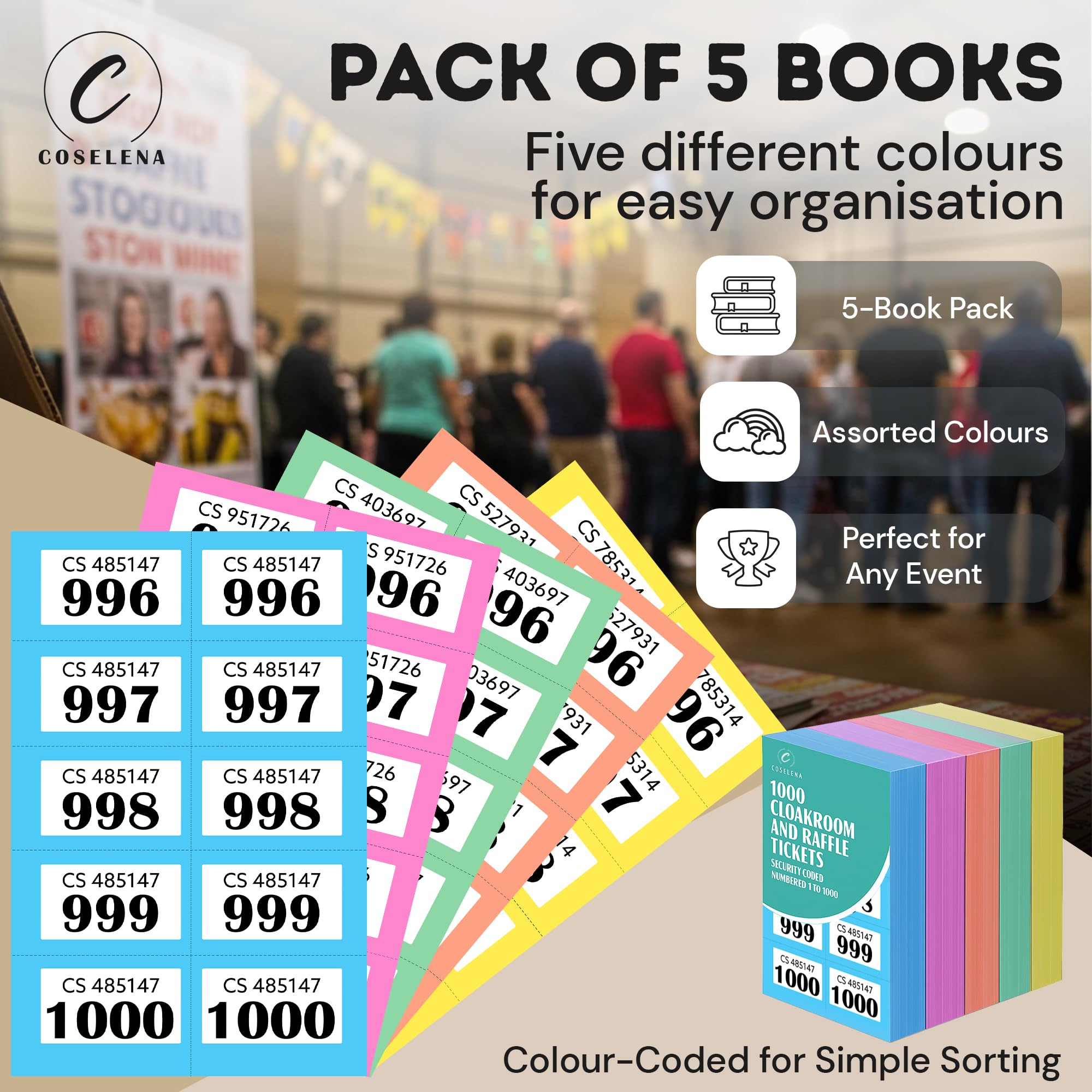 Coselena 5-Pack Numbered Cloakroom & Raffle Ticket Books – 1-1000, Assorted Colours 6