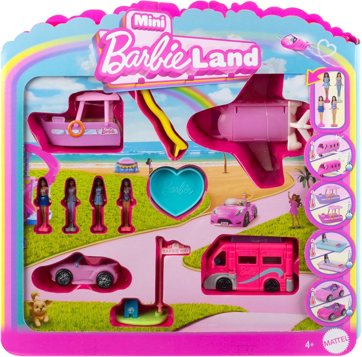 Mini BarbieLand 4-Pack Doll & Vehicle Playset - Color-Change Vehicles with 1.5-inch Dolls for Ages 4+
