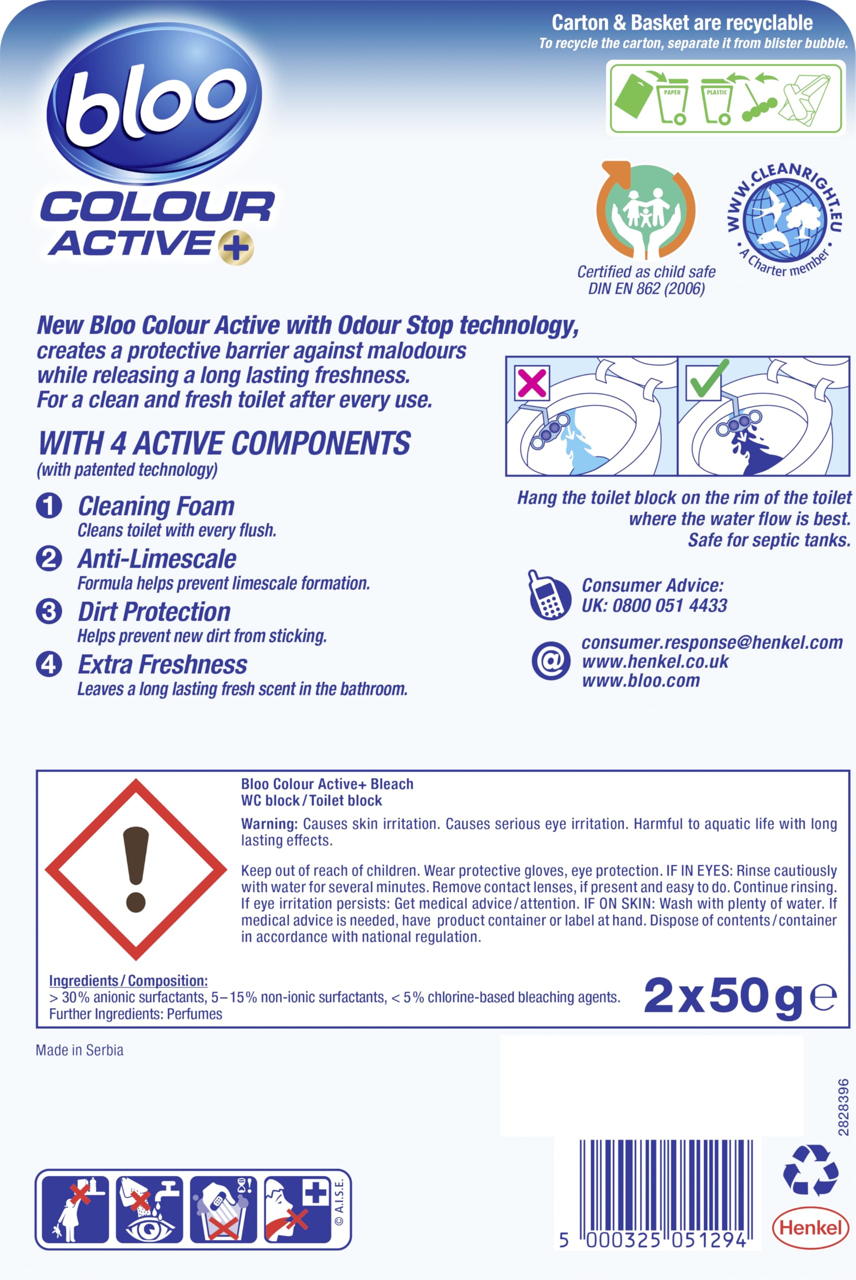 Bloo Colour Active Toilet Rim Block with Bleach, Anti-Limescale, Cleaning Foam | 2 Count