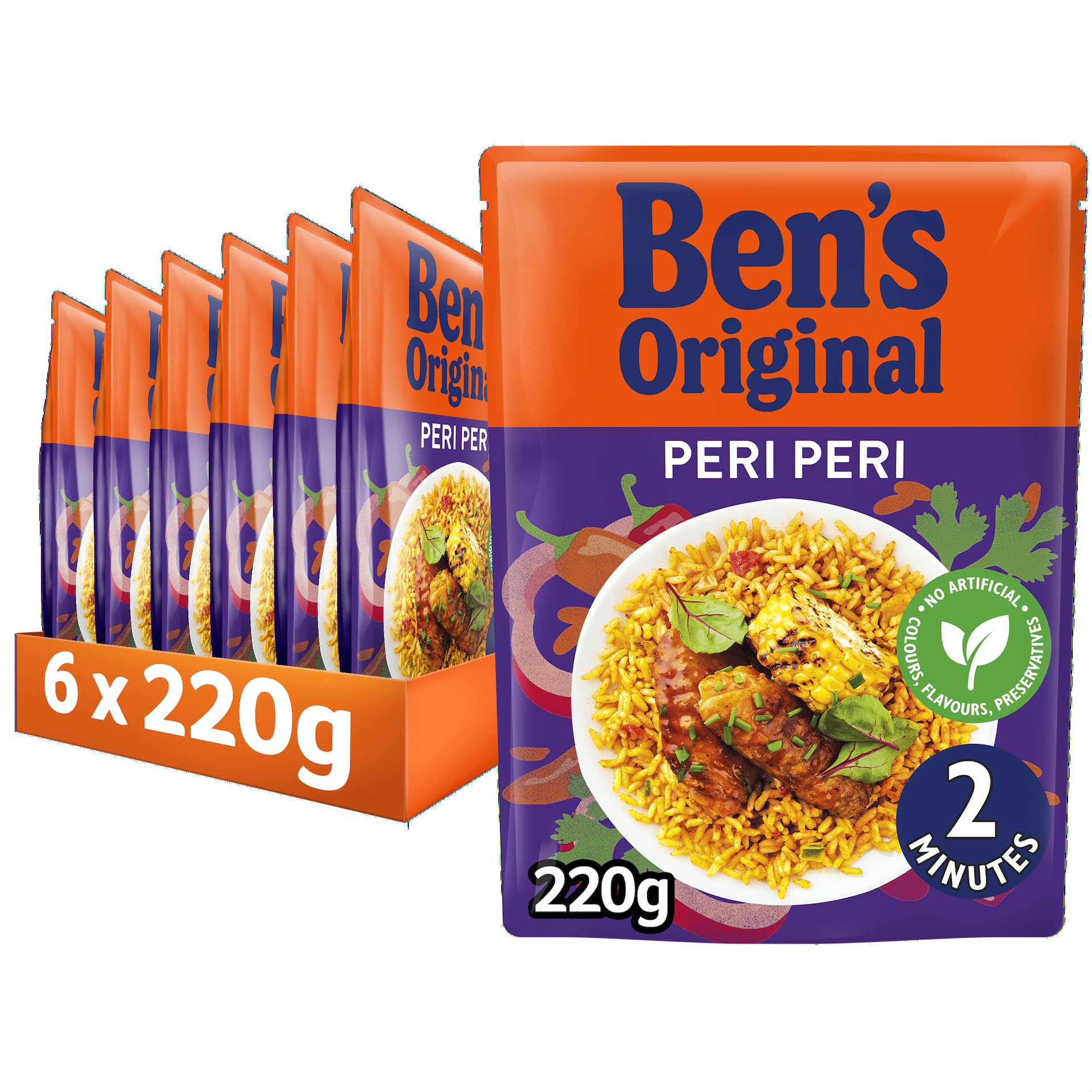 Ben's Original Peri Peri Microwave Rice, 6 x 220g Pouches - Vegetarian, No Artificial Additives