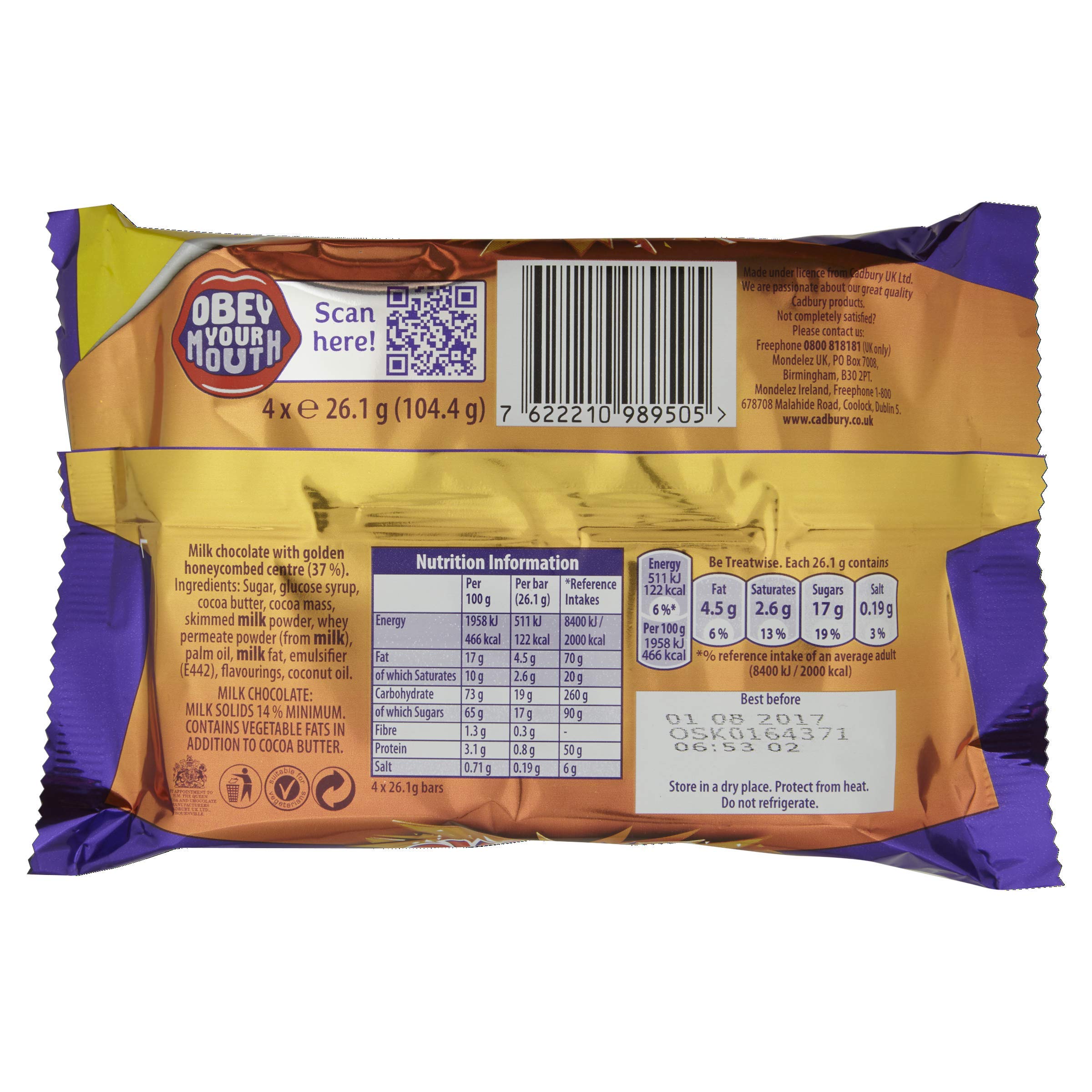 Cadbury Crunchie Chocolate Bar - Honeycomb Centre, Milk Chocolate Coating | 4 Pack of 26.1g Bars 2