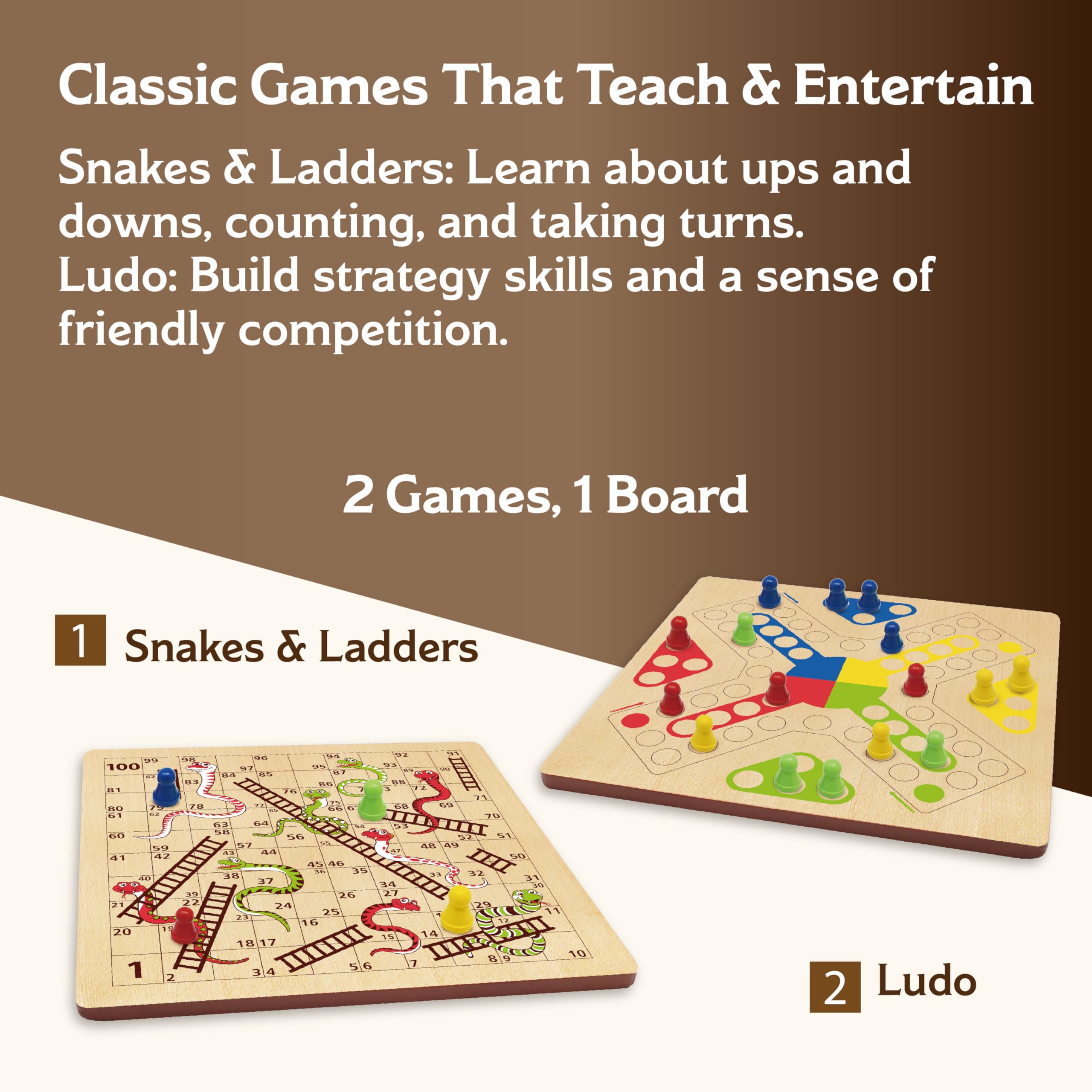 ROO GAMES Wooden Snakes and Ladders + Ludo Board Game - 2-in-1 Classic Family Game | 2-4 Players | Ages 3+