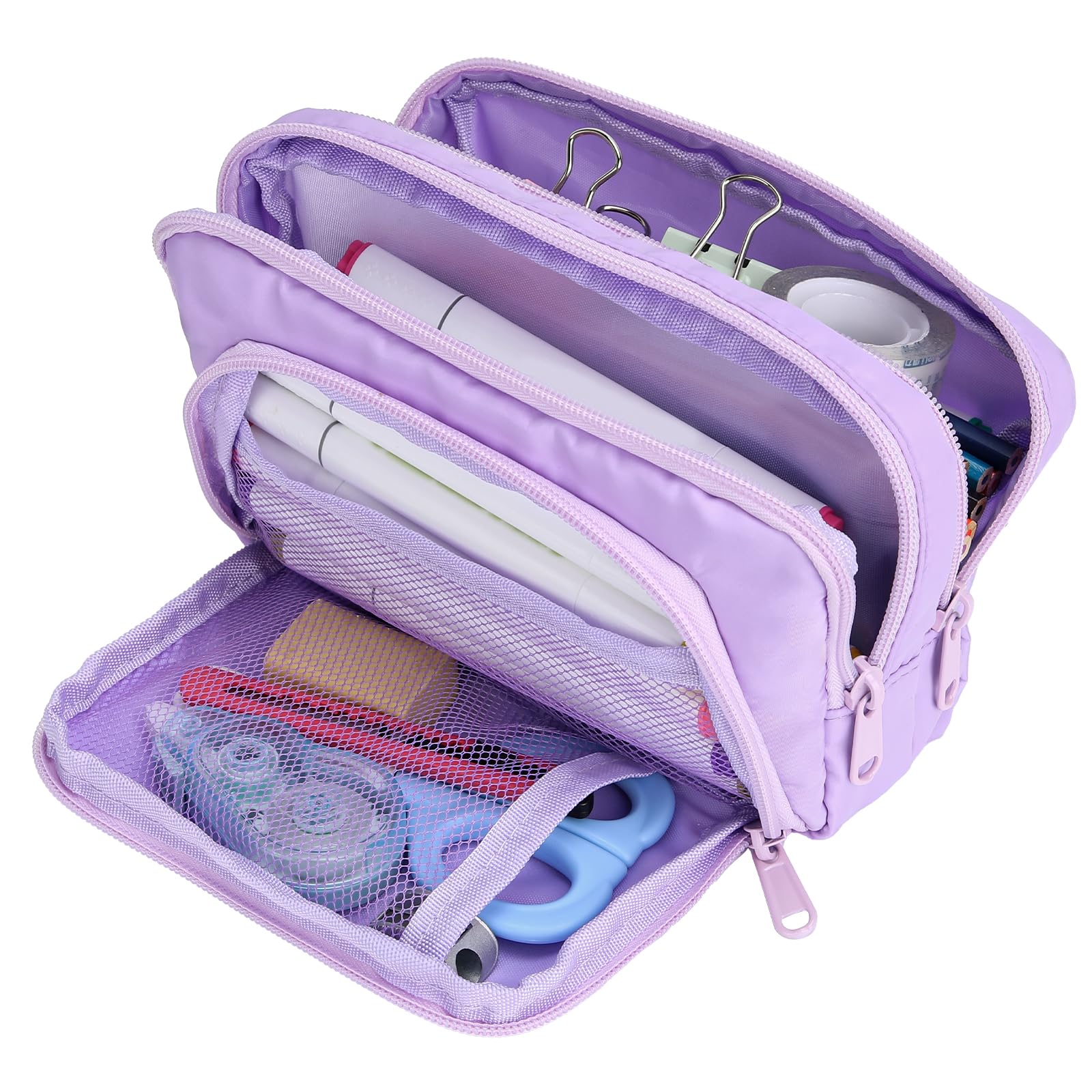 Euqvunn Large Capacity Pencil Case - 3 Compartments, Violet Polyester | 21x8x13CM