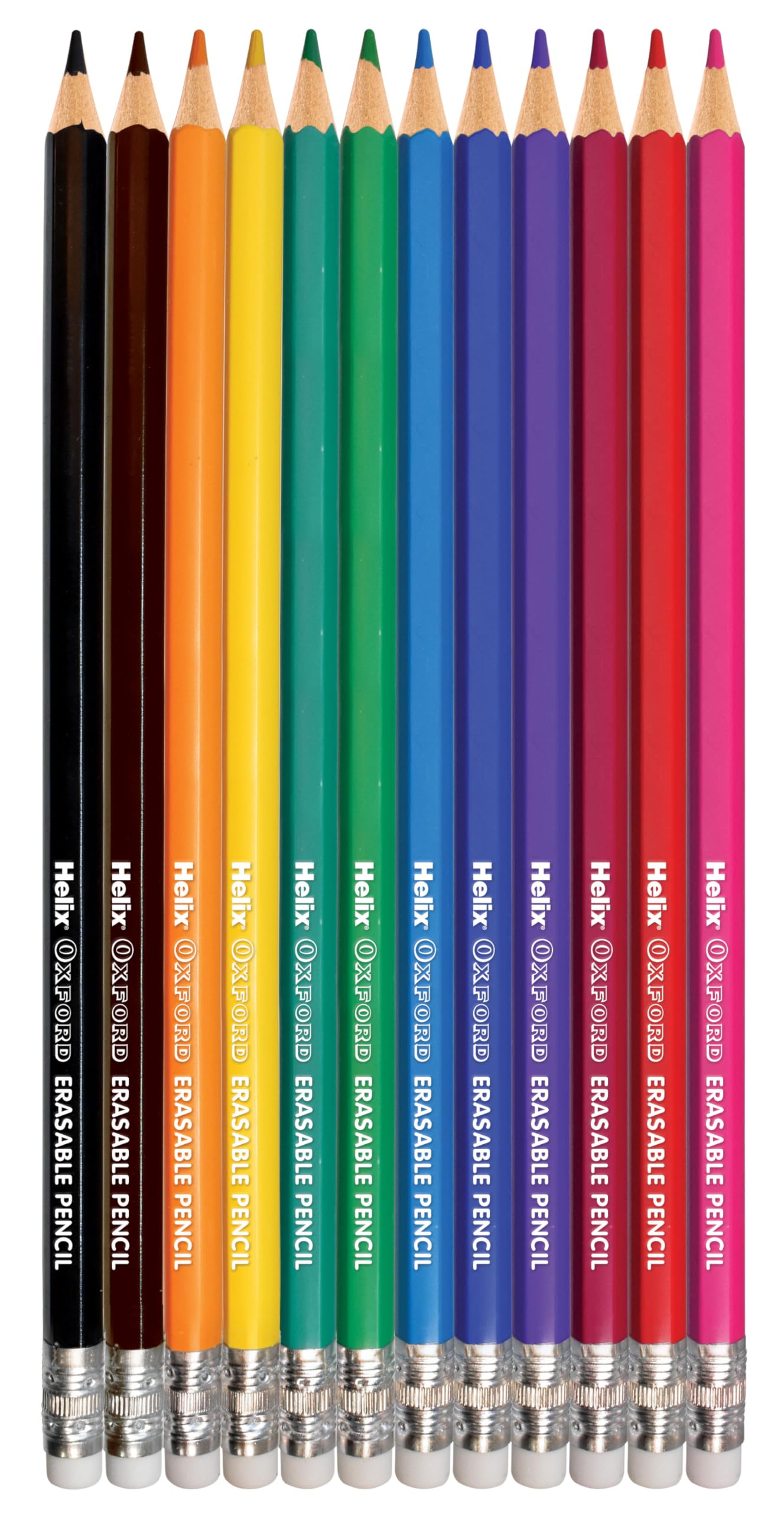Helix Oxford Erasable Colour Pencils - Pack of 12 Vibrant Colours with Eraser Tips | Medium Point