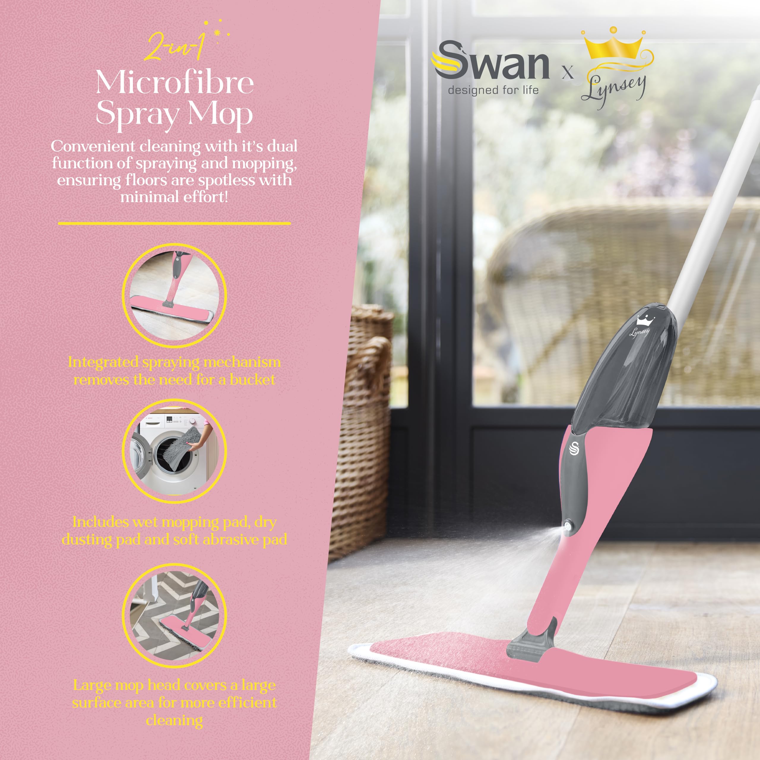 Swan Lynsey Queen of Clean Spray Mop - 2-in-1 Wet Mopping & Dry Dusting | Pink