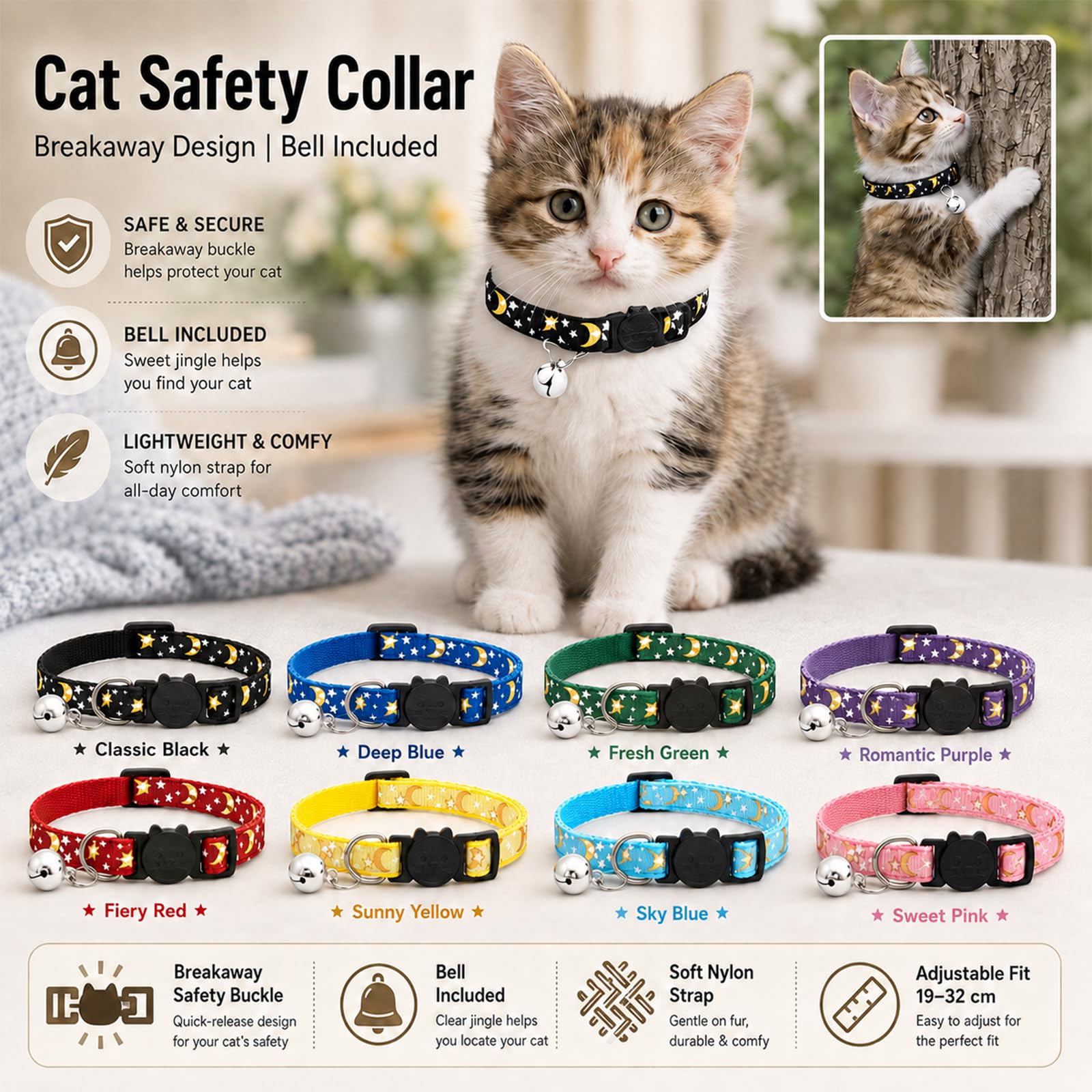Muexoee Reflective Adjustable Cat Collar with Bell - Moon Star Print, Black, 2 Pack