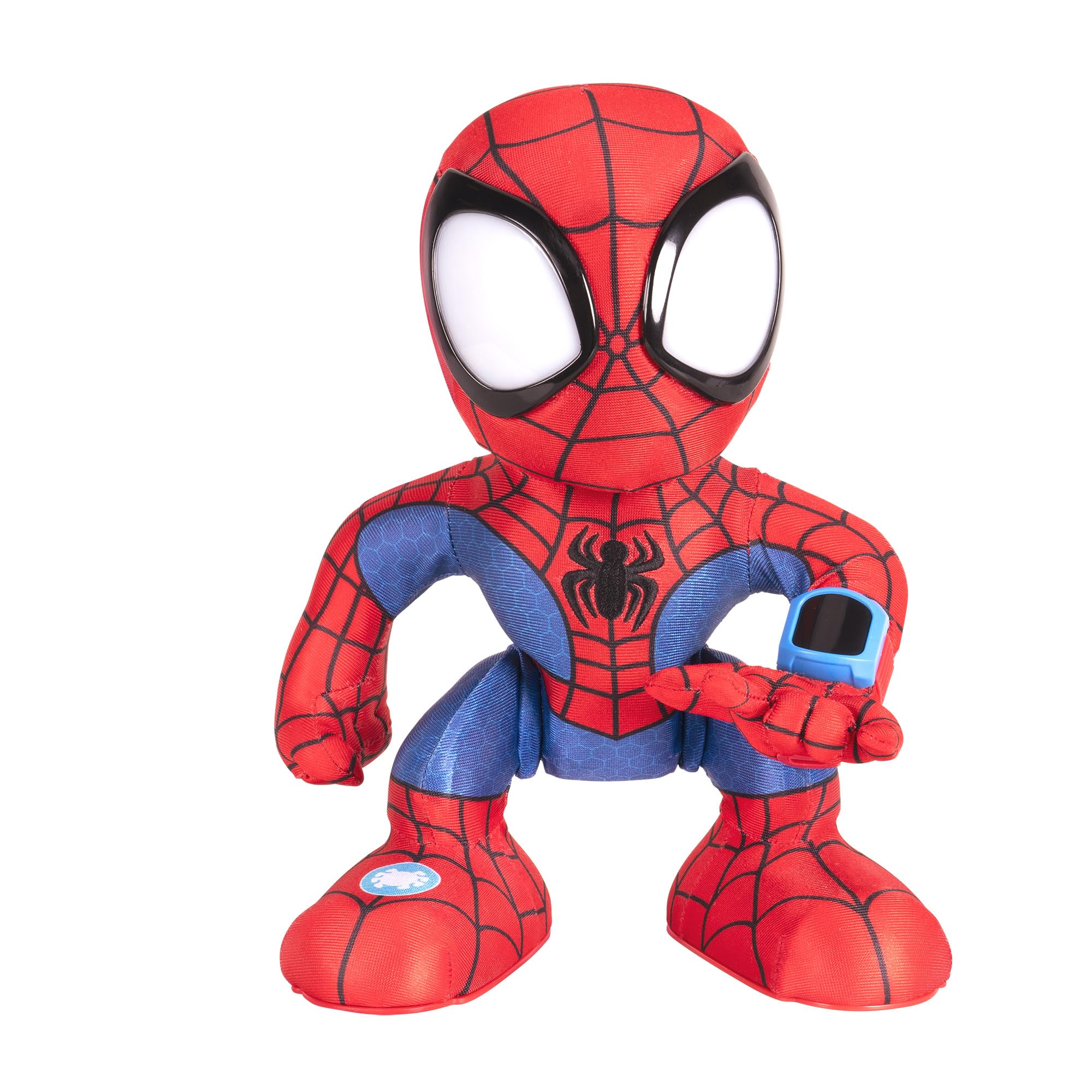 Plush toy resembling a superhero character with red and blue costume on a white background