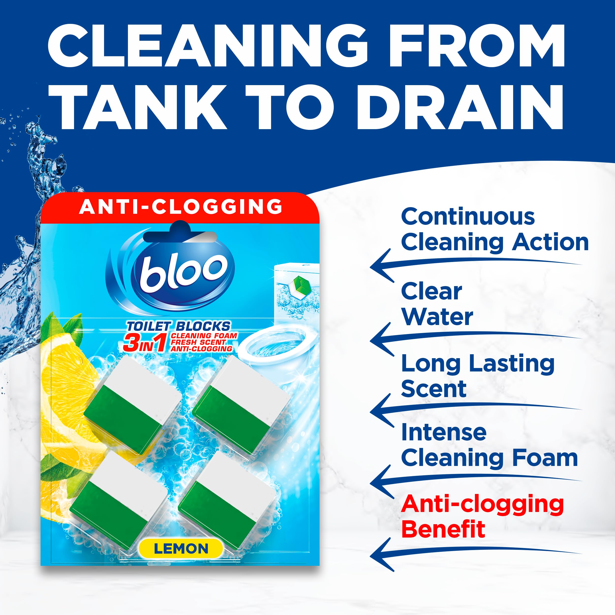 Bloo Toilet Blocks - 4 Count Pack, Lemon Scent, Limescale Remover