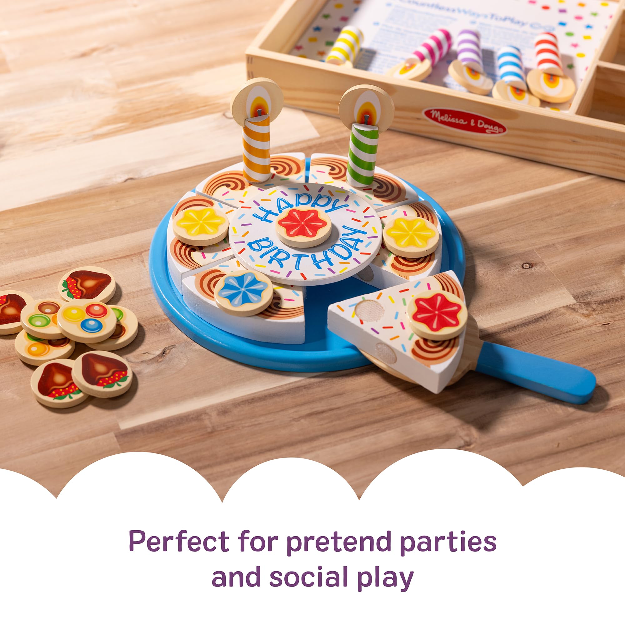 Melissa & Doug Wooden Birthday Cake Play Food Toy for Kids Ages 3+ | Includes 6 Slices & Toppings 4
