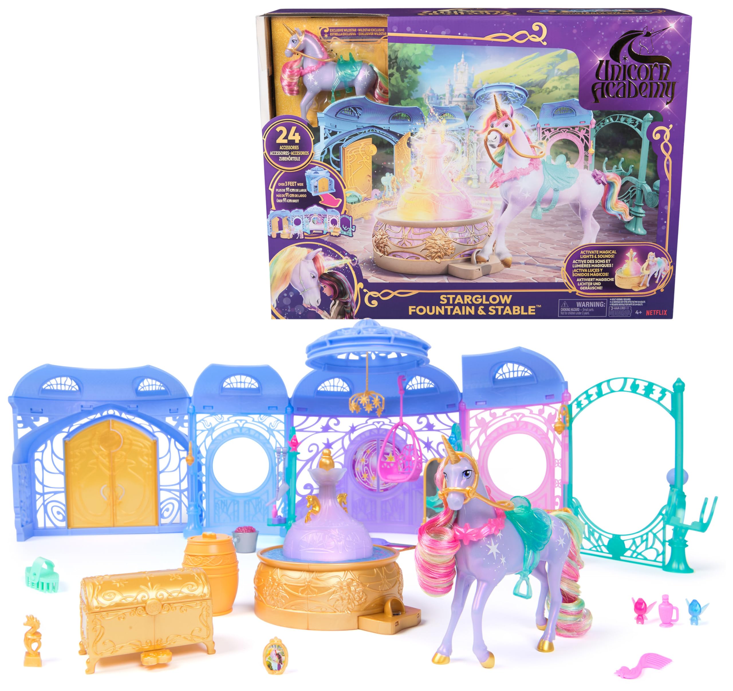 Unicorn Academy Starglow Fountain & Stable Playset with Wildstar - Light-Up Features & 24 Accessories