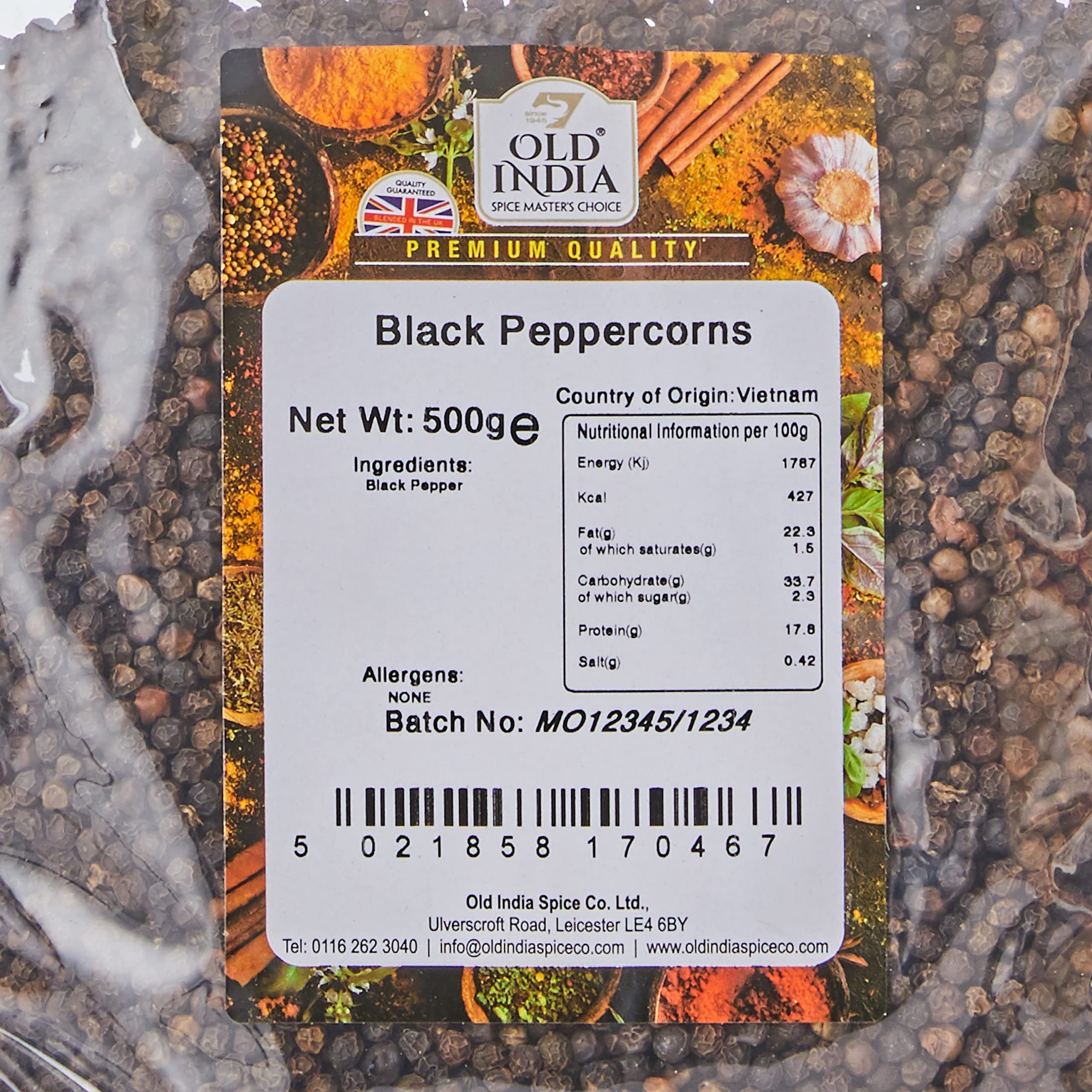 Old India Whole Black Peppercorns - 100% Natural | 500g Bag | 2 Year Shelf Life