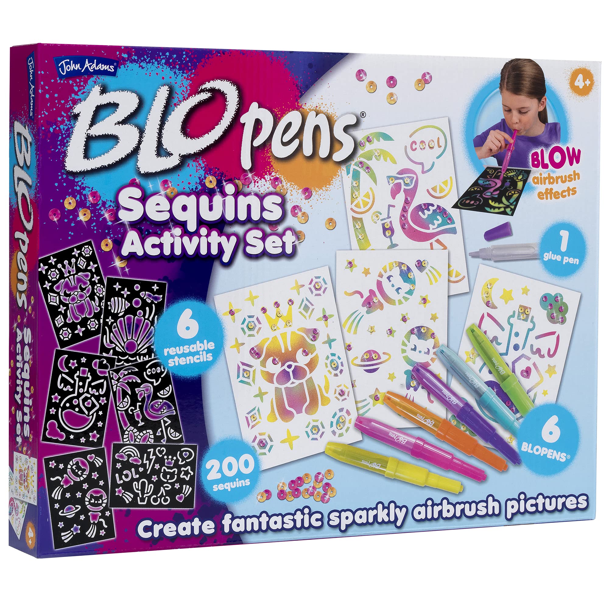 John Adams BLOPENS Sequins Activity Set - Airbrush Art Kit | Includes Sequins & Stencils | Ages 4+