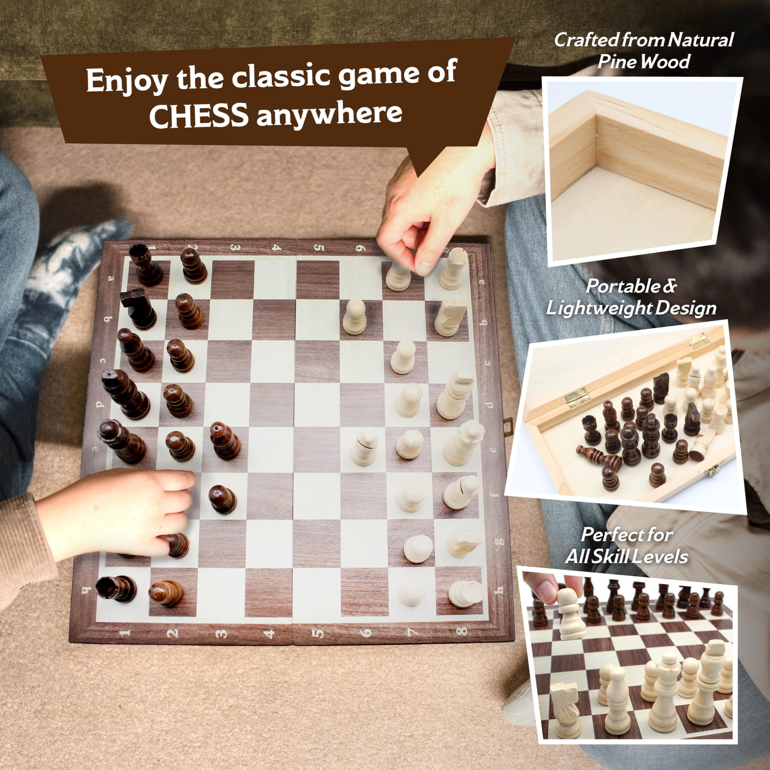 Roo Games Wooden Chess Set - Foldable Eco-Pine Travel Chess Board with Storage 6