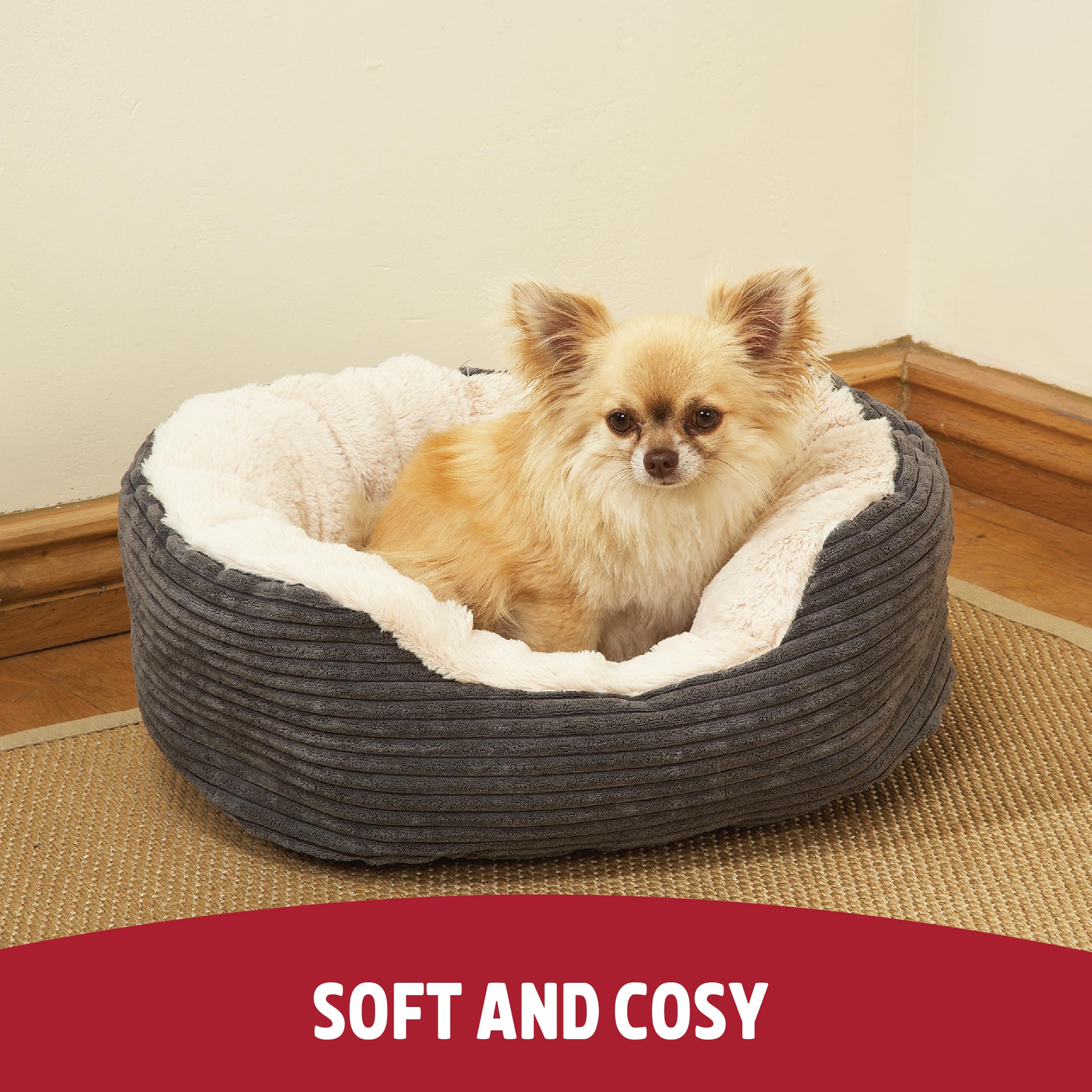Rosewood Jumbo Cord Plush Dog Bed - Small, 51x45cm, Washable Oval Pet Bed