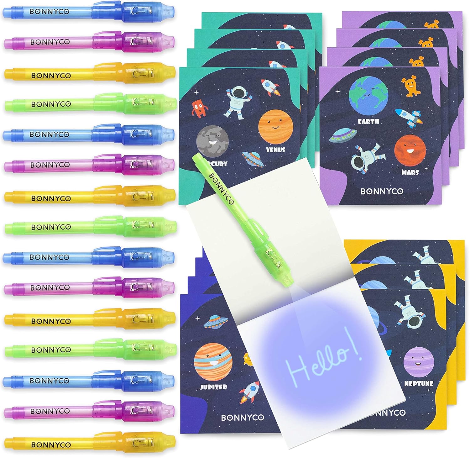 BONNYCO Invisible Ink Pen and Notebook Set - 16 Pack Space Party Bag Fillers with UV Light