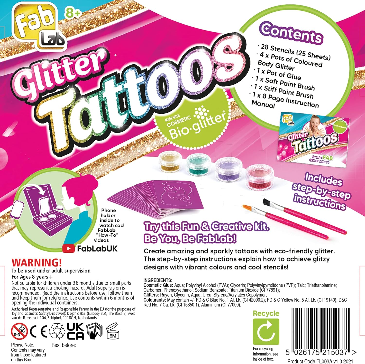 FabLab Glitter Tattoos Kit with Bioglitter – 28 Designs & 4 Sparkly Colors