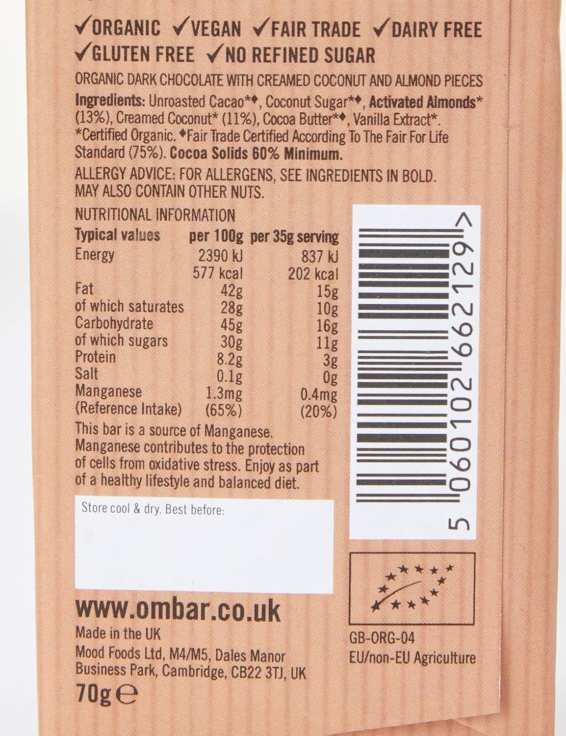 Ombar Coco Almond Vegan Chocolate Bar - Organic Fair Trade Dairy Free 60g 7