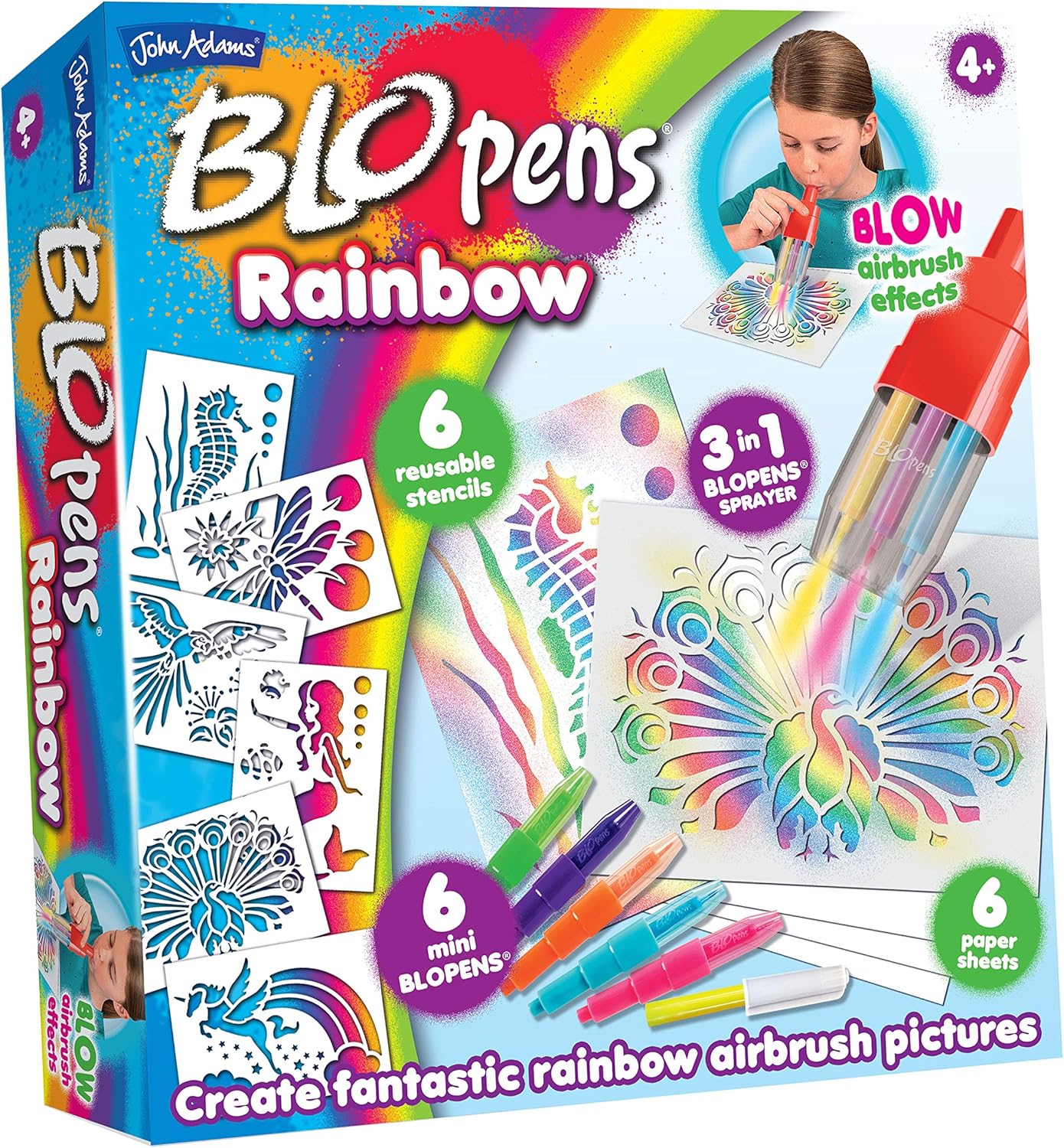 John Adams BLOPENS Rainbow Set - 6 Colour Spray Drawing Kit with Stencils 6