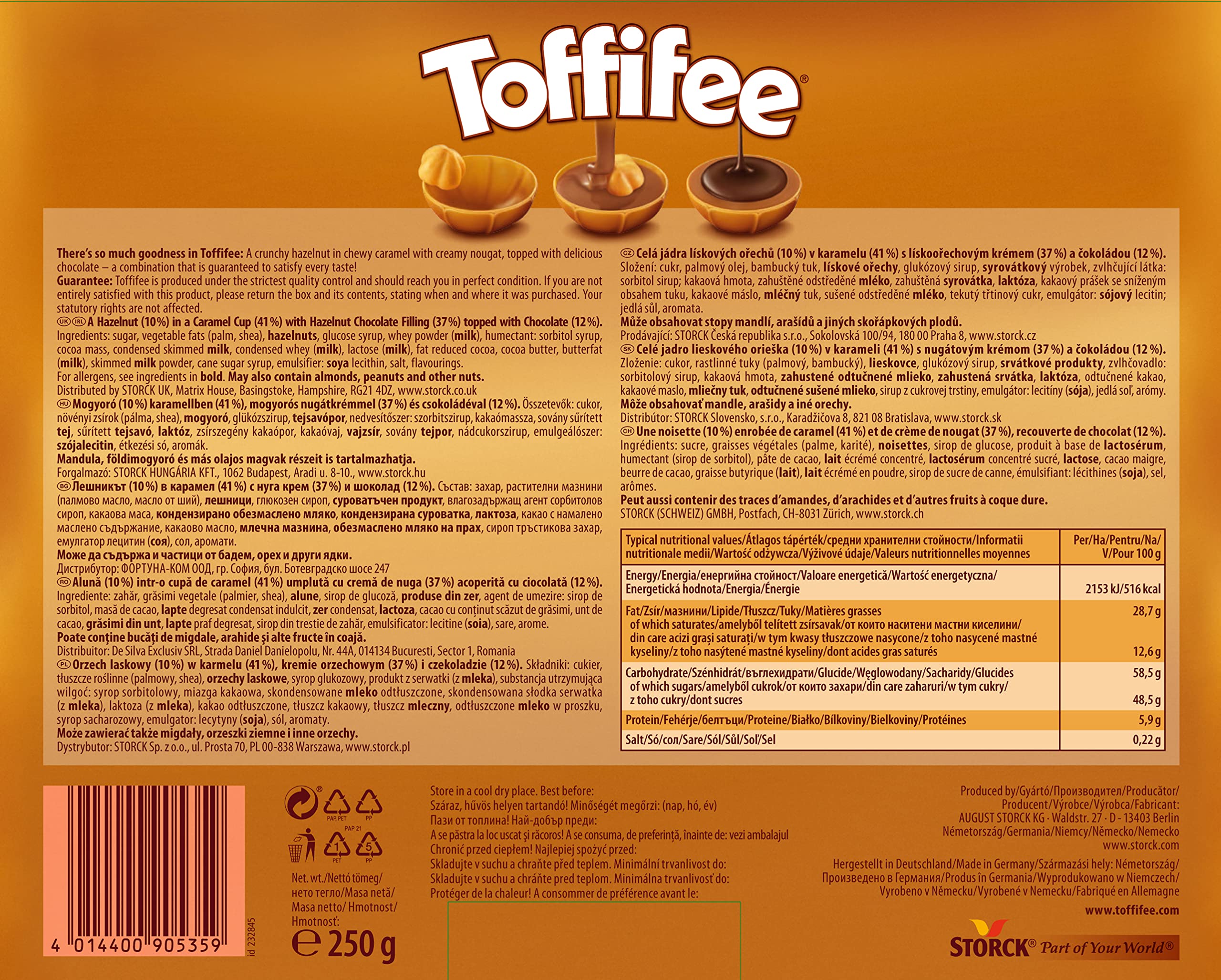 Toffifee Chocolate Candy Cups with Hazelnut, Nougat, and Caramel | 30 Pieces, 250g Box
