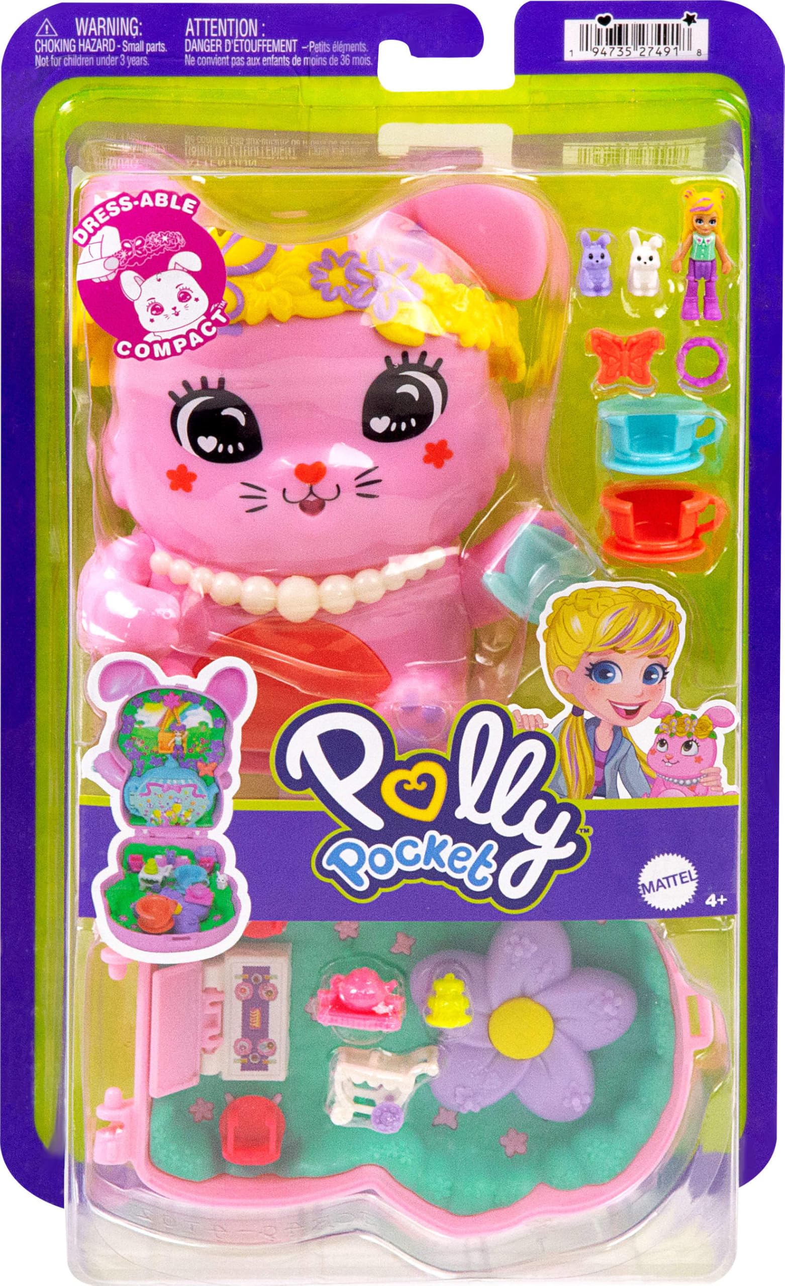 Polly Pocket Tea Party Bunny Compact Playset - Doll with 10 Accessories & 2 Pet Bunnies, Ages 4+ 6