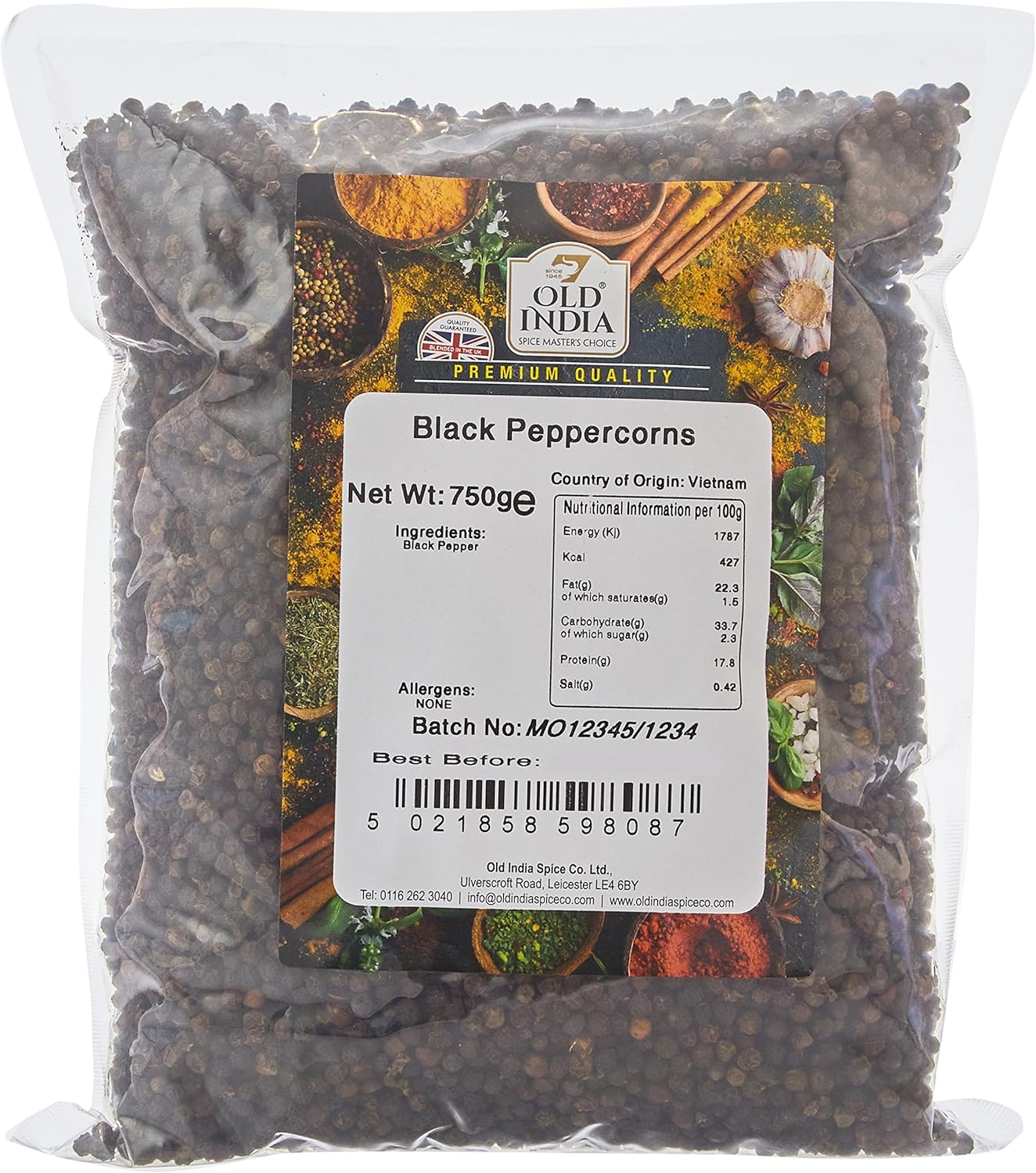 Old India Black Peppercorns 750g - Pure, Natural Spices for Cooking