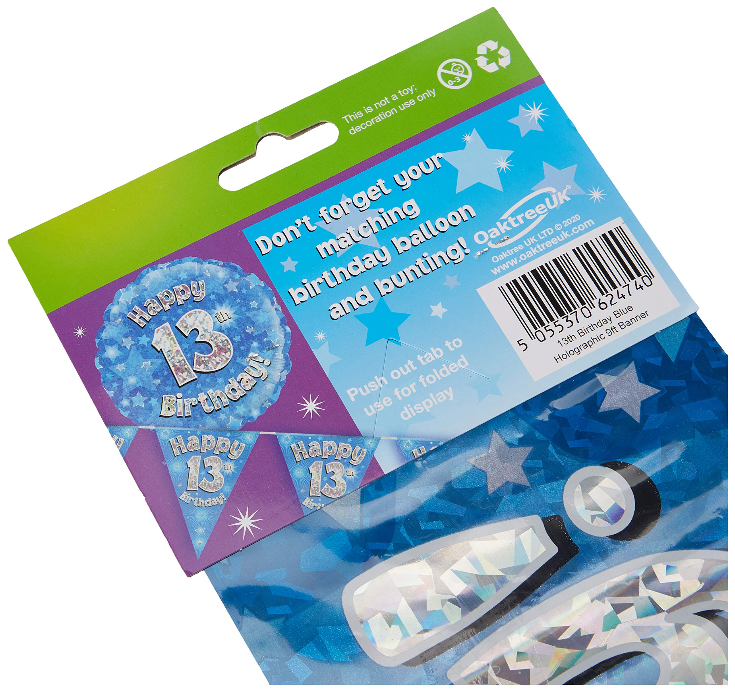 OakTree 13th Sparkling Fizz Birthday Banner - 9ft Blue Holographic | Lightweight 4