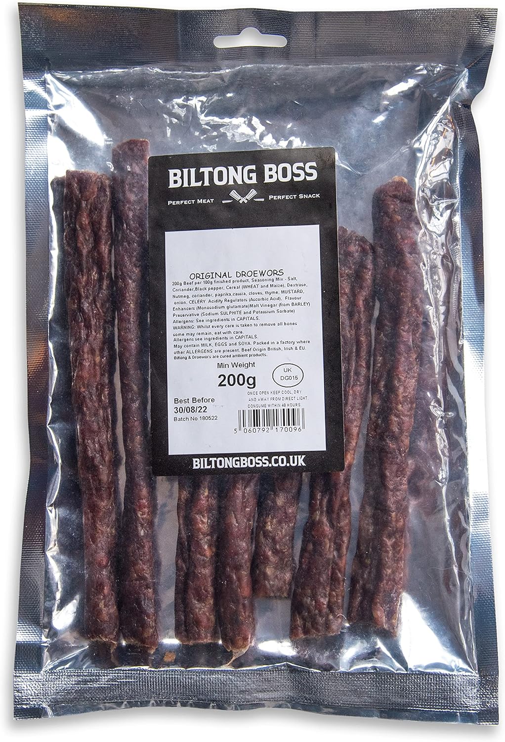 Biltong Boss Original Beef Droewors - Authentic South African Dry Wors, High Protein Meat Snack