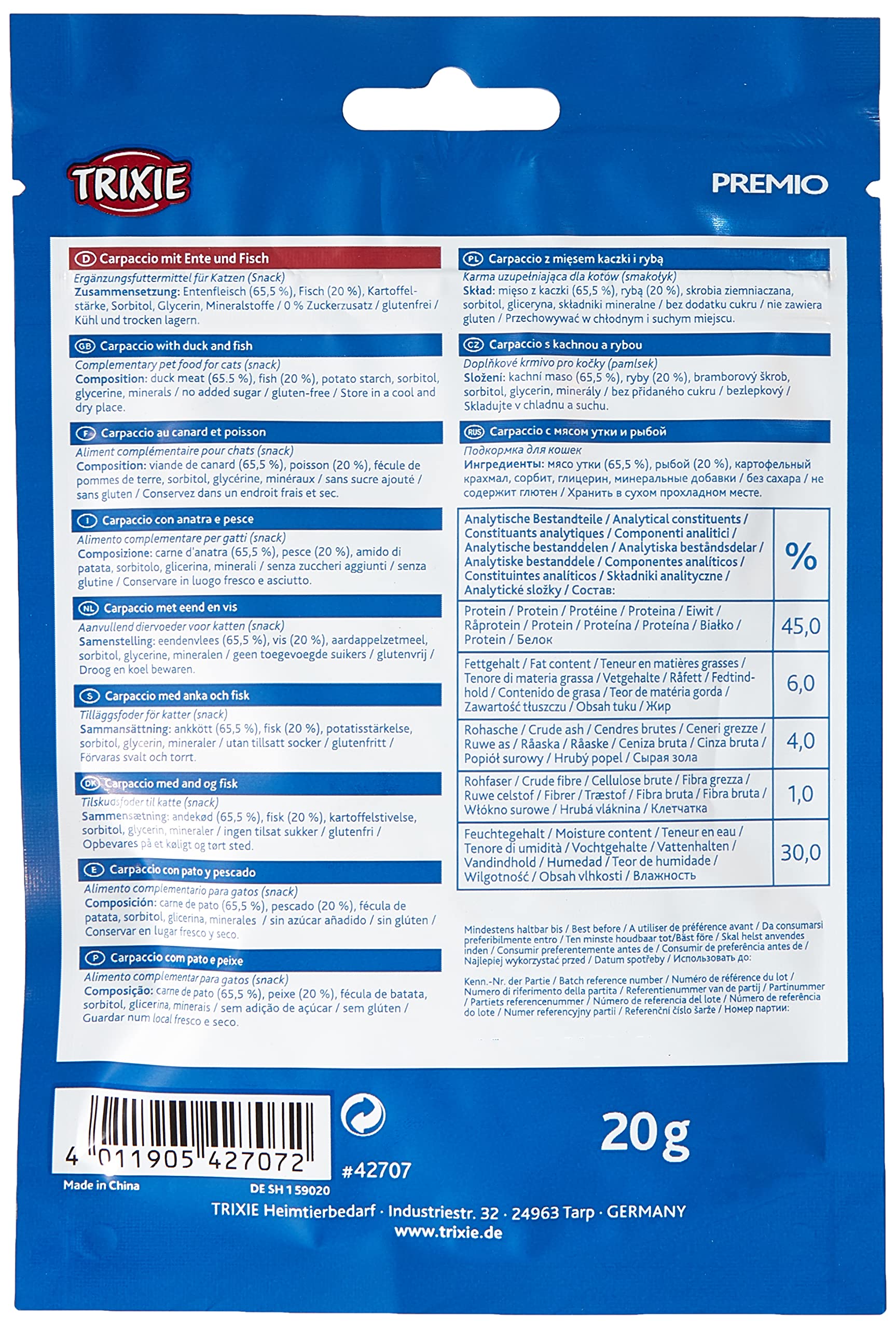 TRIXIE Premio Carpaccio Duck and Fish Cat Snack Wafer | 20g | Gluten-Free, No Added Sugar