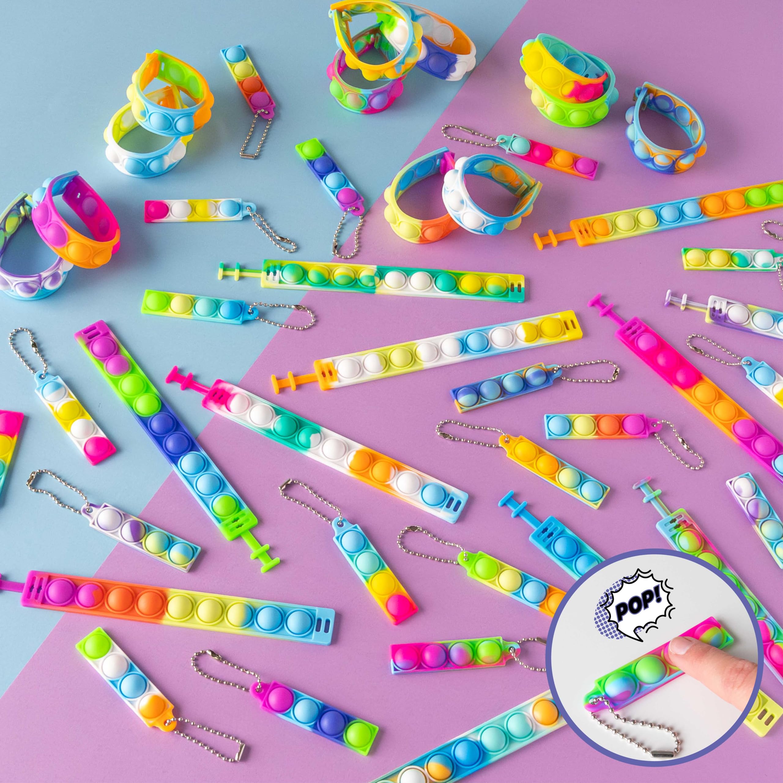 BONNYCO Pop It Bracelet and Keyring Fidget Toys - 30 Pack Matching Sets | 15 Colors | Adjustable 6