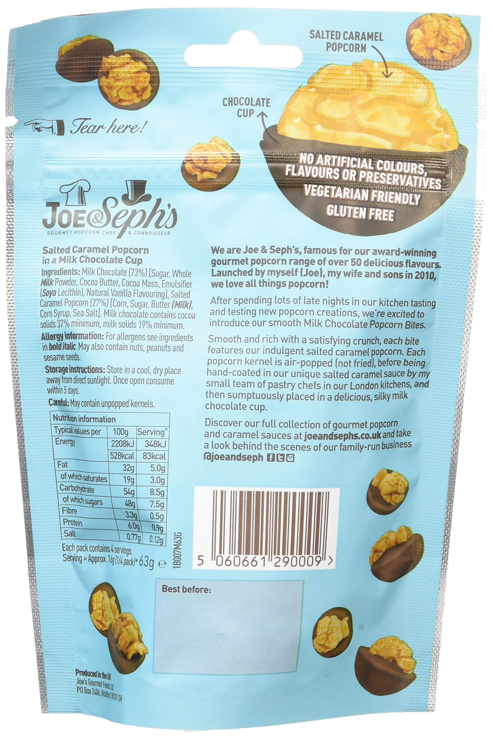 Joe & Seph's Milk Chocolate Popcorn Bites 63g - Salted Caramel Crunchy Snack