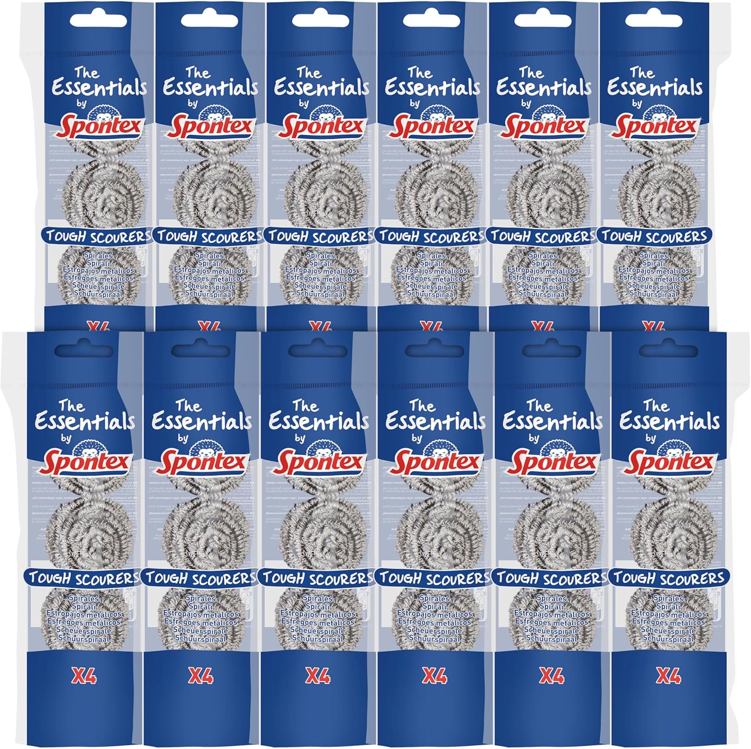 Spontex Essentials Tough Metal Scourers - 12 Packs of 4 (48 Total Scourers)