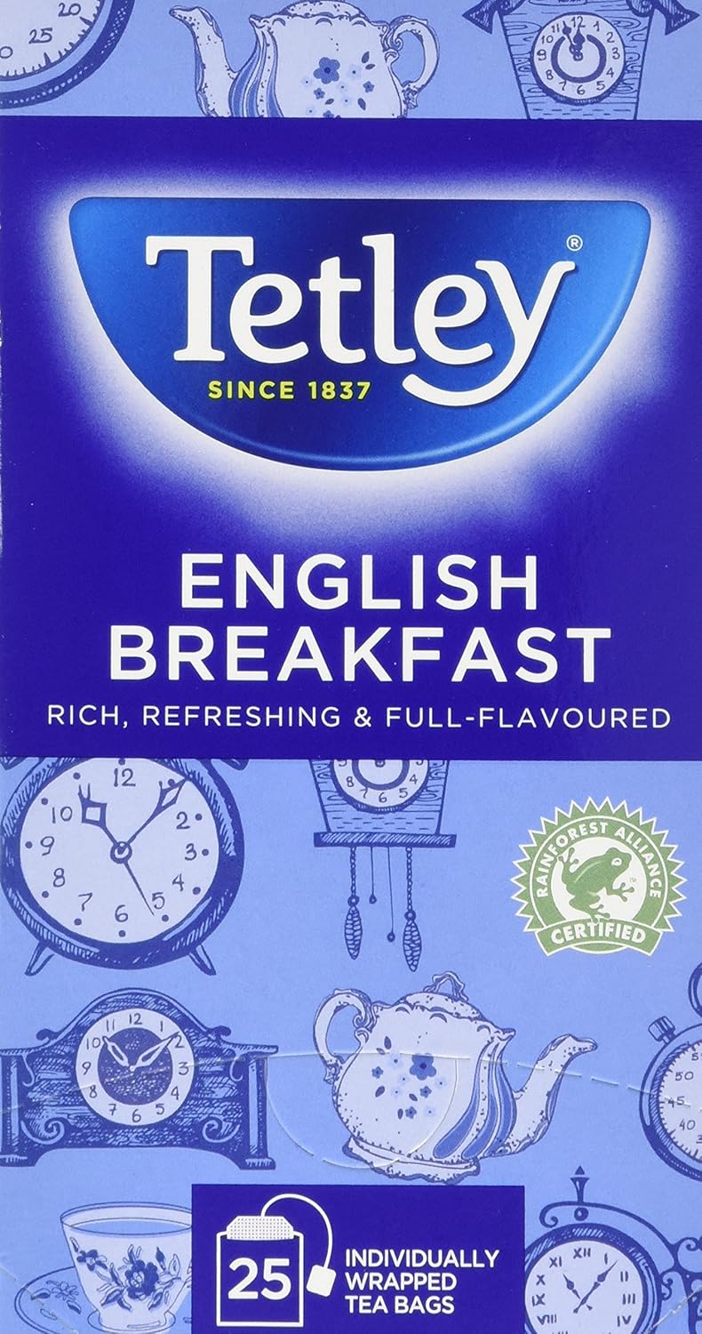 Tetley English Breakfast Tea Bags - Individually Wrapped String & Tag Envelopes, 25-Pack