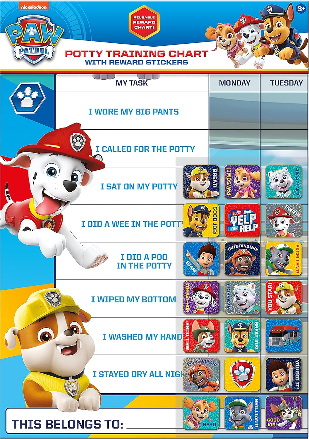 Paw Patrol Potty Training Reward Chart with Reusable Foil Stickers - 36 Months to 6 Years