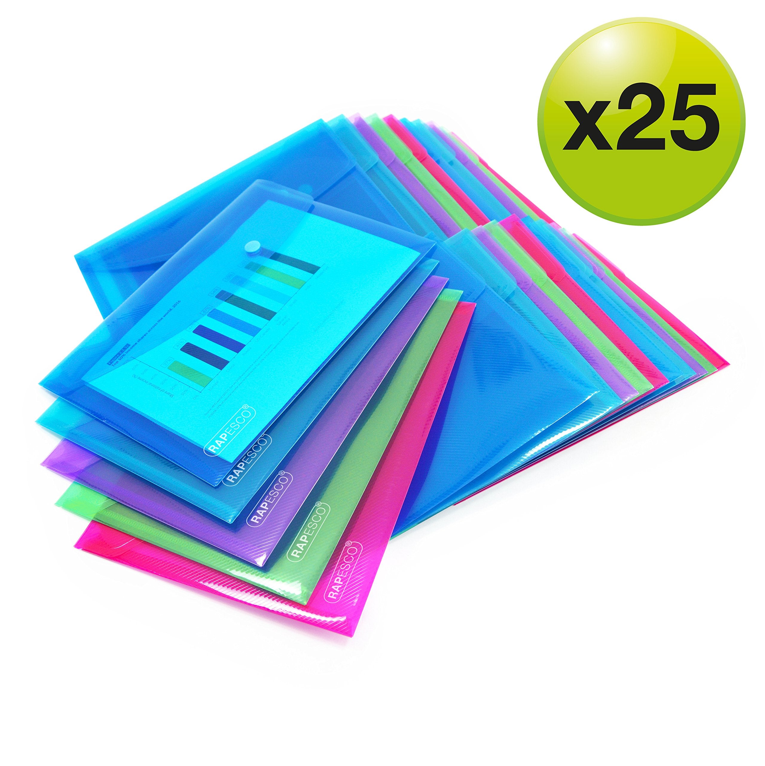 RAPESCO A5 Bright Transparent Popper Wallet - 75 Sheet Capacity | Pack of 25 | 100% Recycled PP