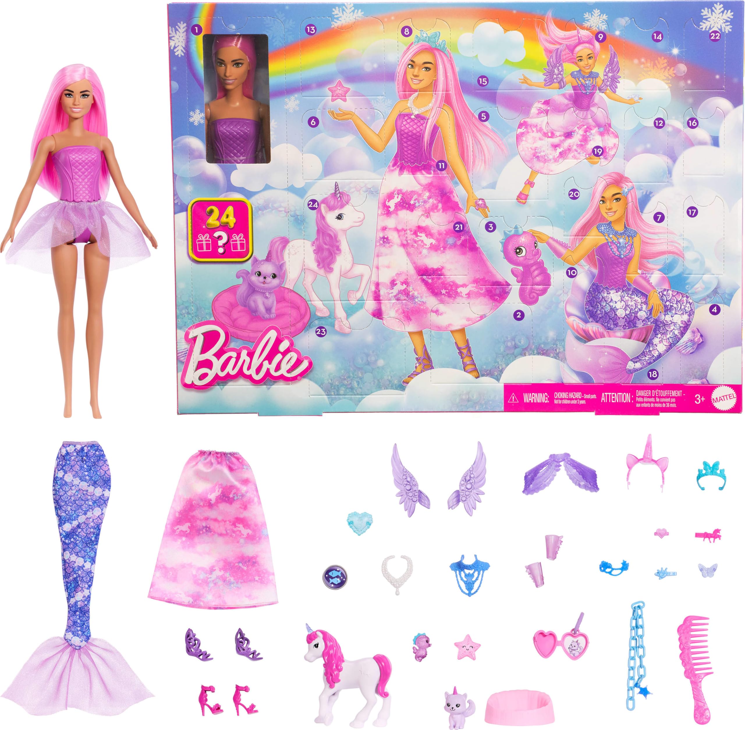 Barbie Advent Calendar with Doll & 24 Surprise Fantasy Accessories for Kids 3+