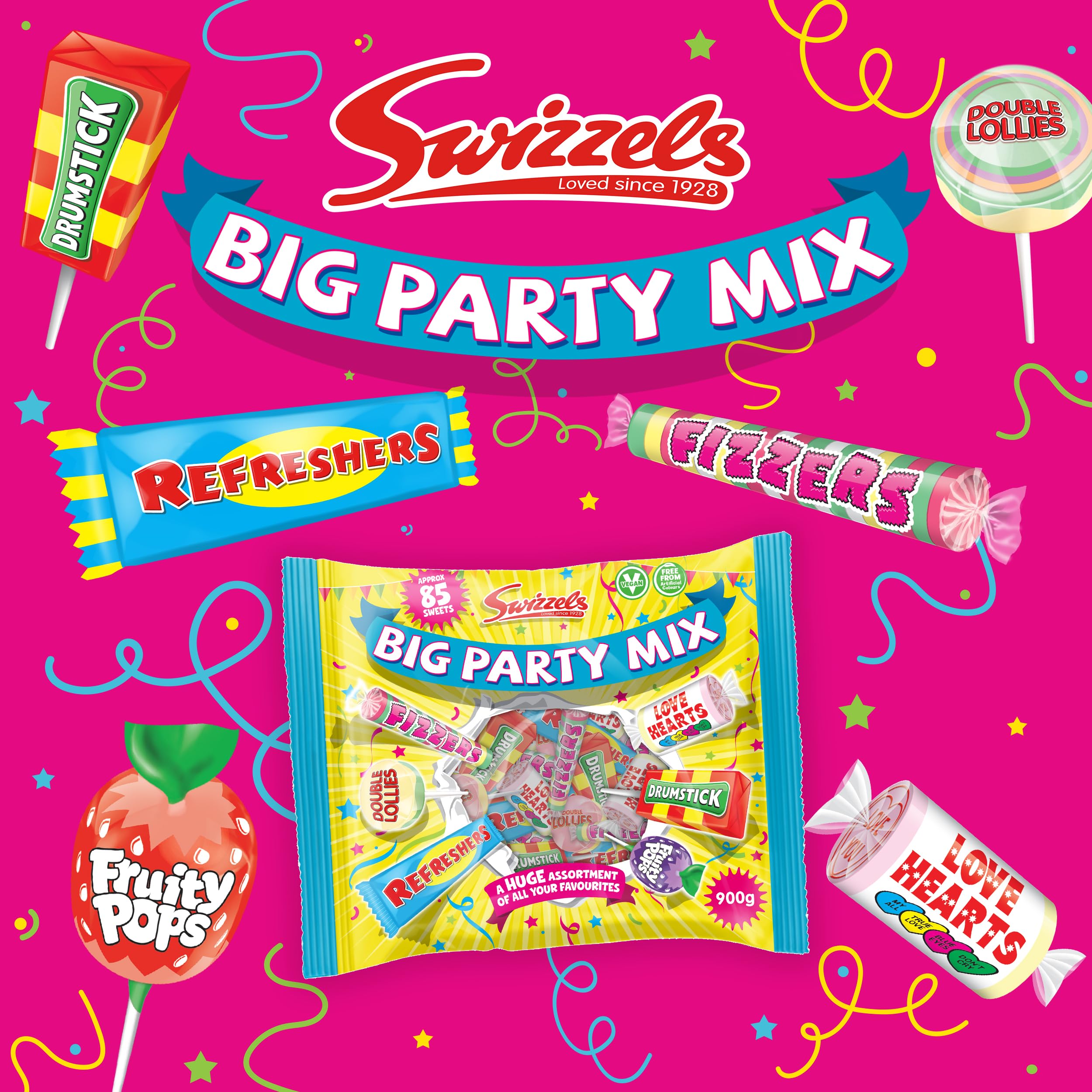 Swizzels Big Party Sweets Mix Bag - 900g Assortment | Vegan Friendly | 85 Sweets