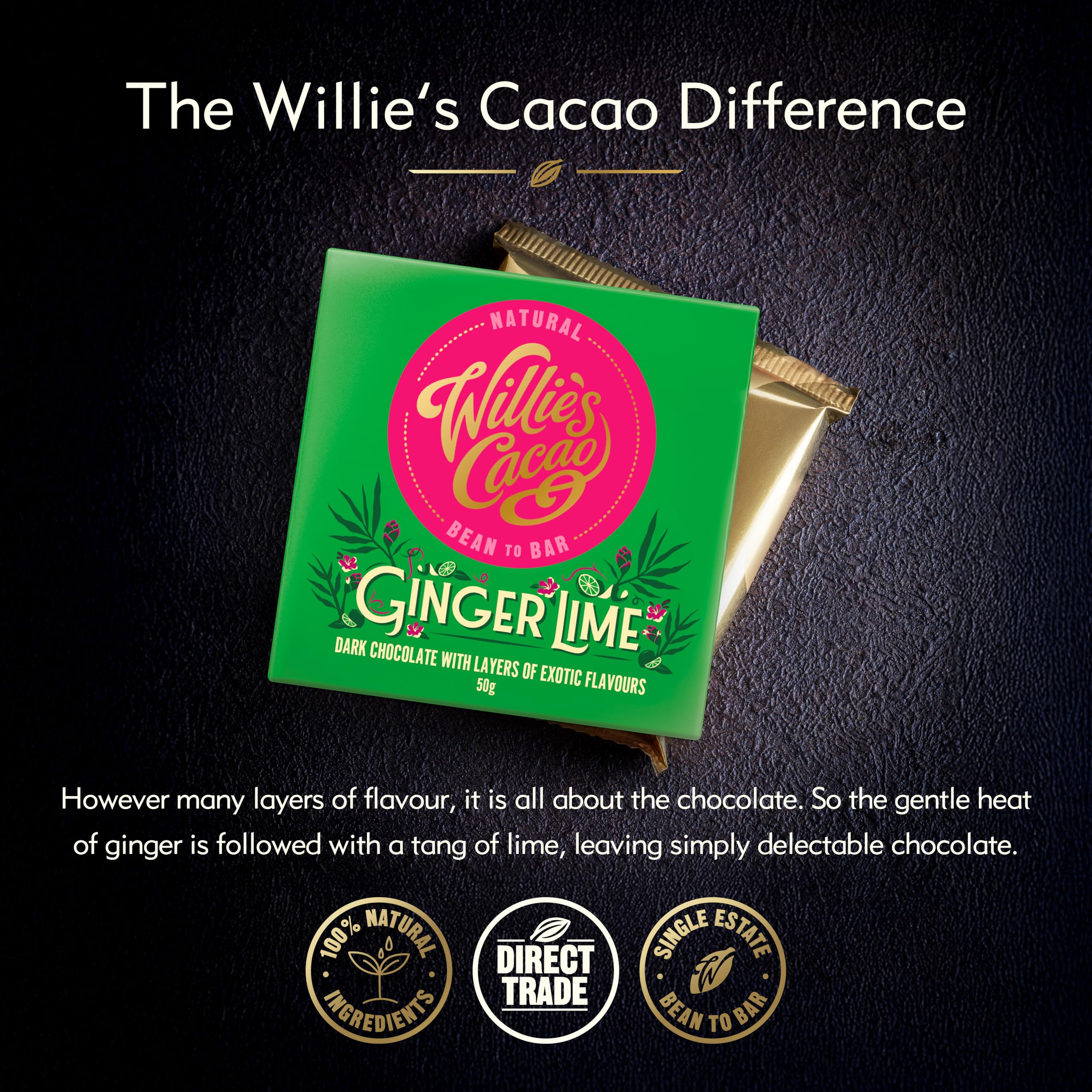 Willie's Cacao Ginger & Lime 70% Dark Chocolate Bar - 50g - Vegan, Gluten Free, Soya Free 5