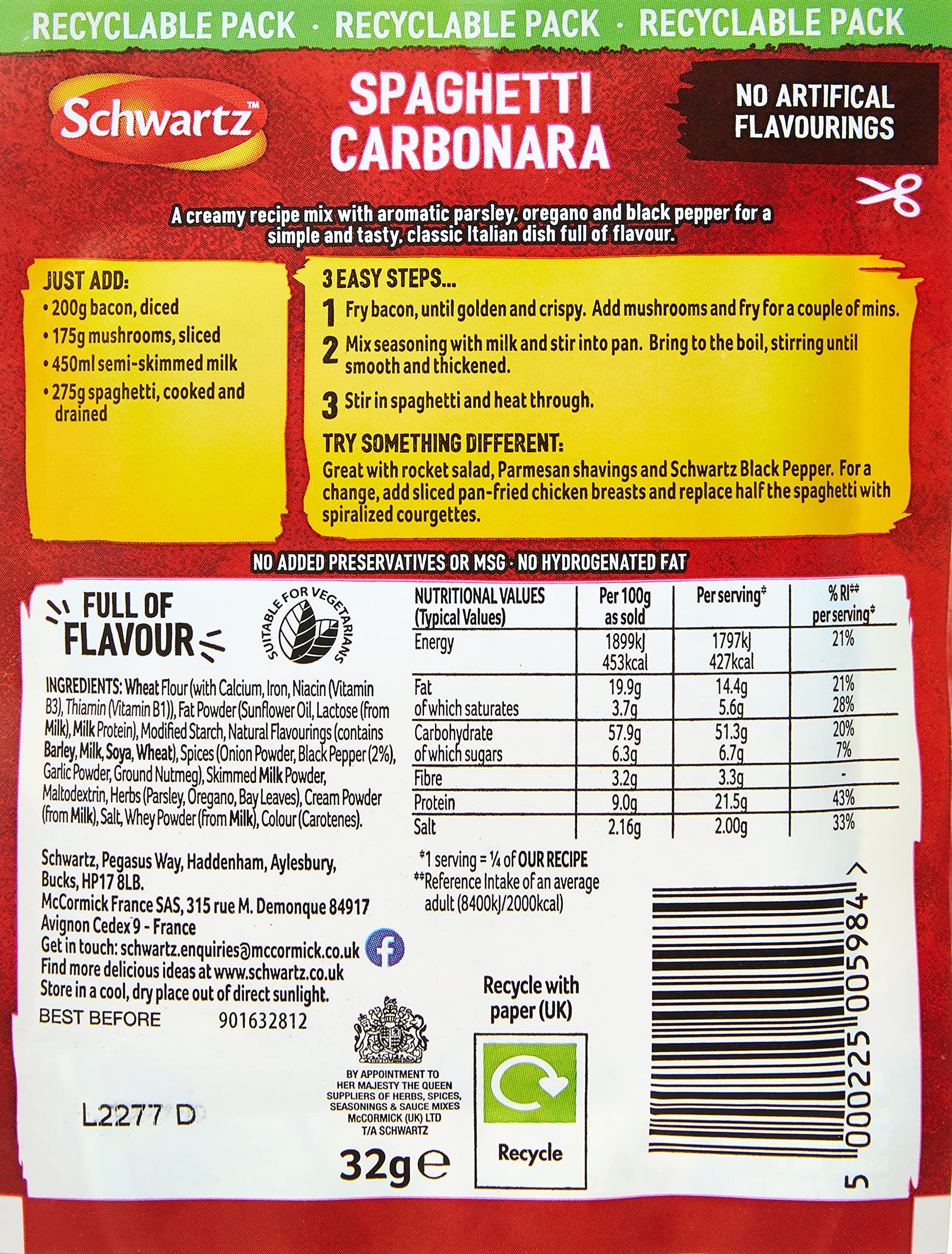 Schwartz Spaghetti Carbonara 32g | Serves 4 | Pack of 12 | Creamy Herb & Spice Mix 3