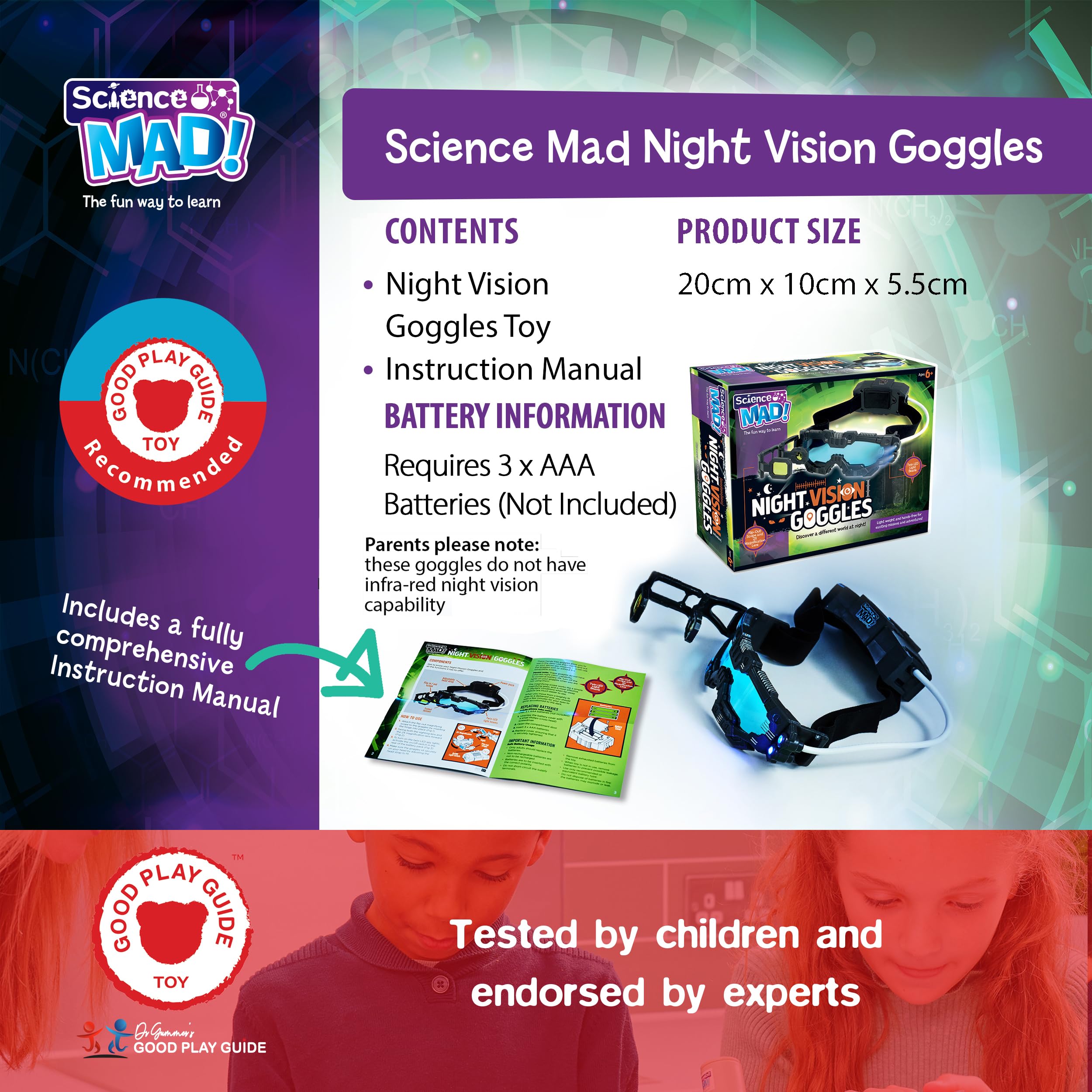 Science Mad! Night Vision Goggles for Kids - 2x Magnification & LED Lights - Black 8