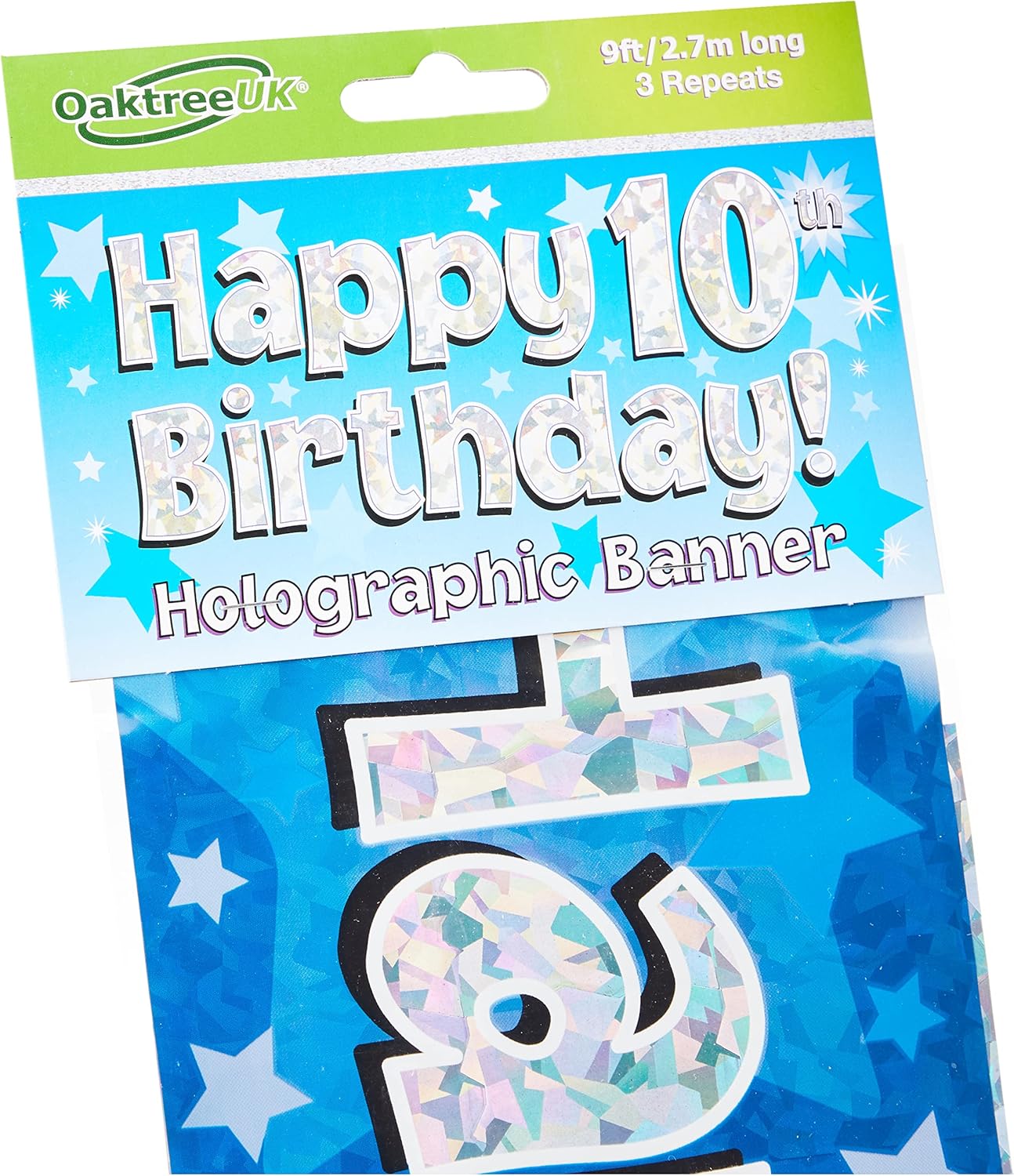 OakTree Happy 10th Birthday Foil Holographic Banner - Blue, 9 ft 6