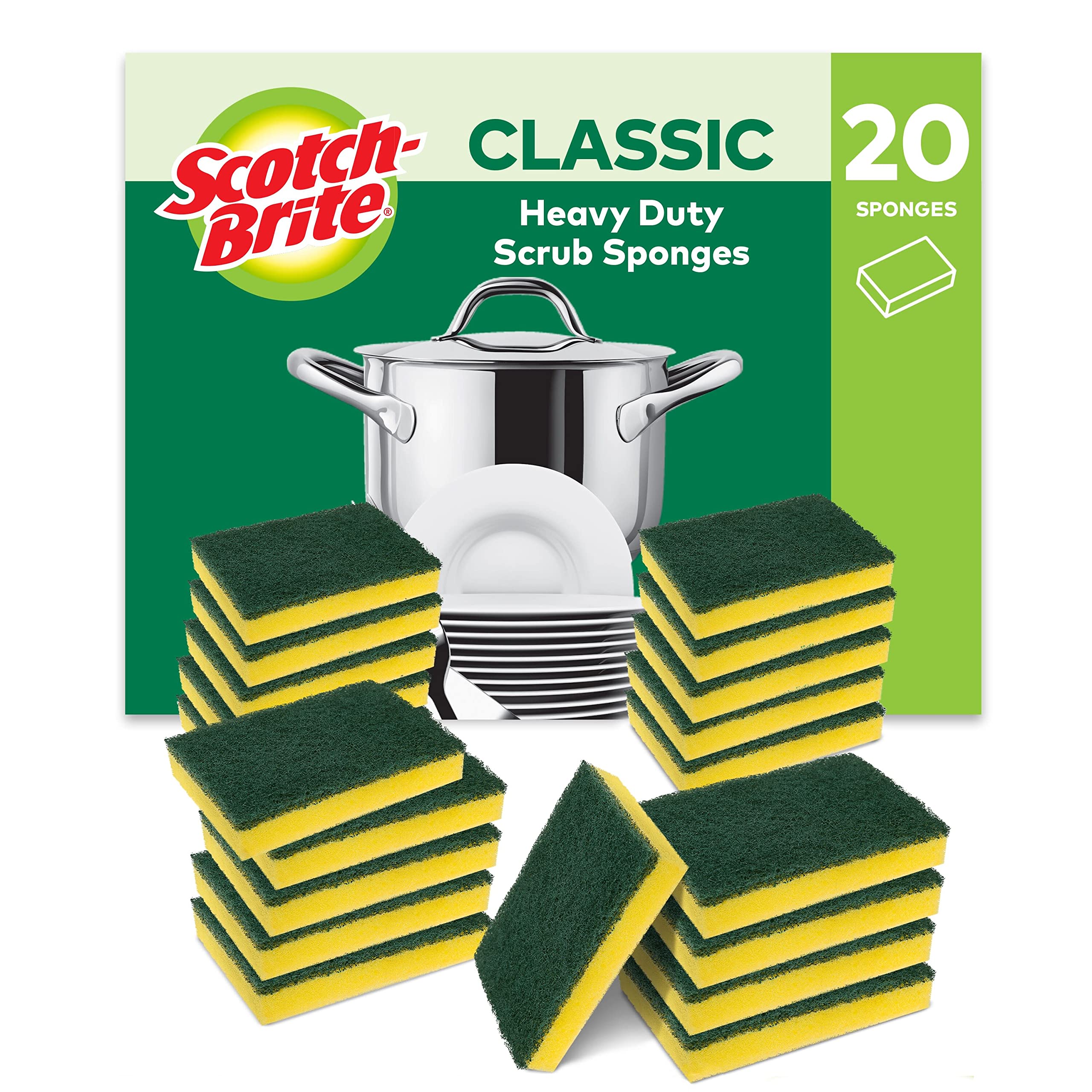 Scotch-Brite Classic Heavy Duty Scrub Sponge - Powerful Grease Cutting | 20 Sponges | Green