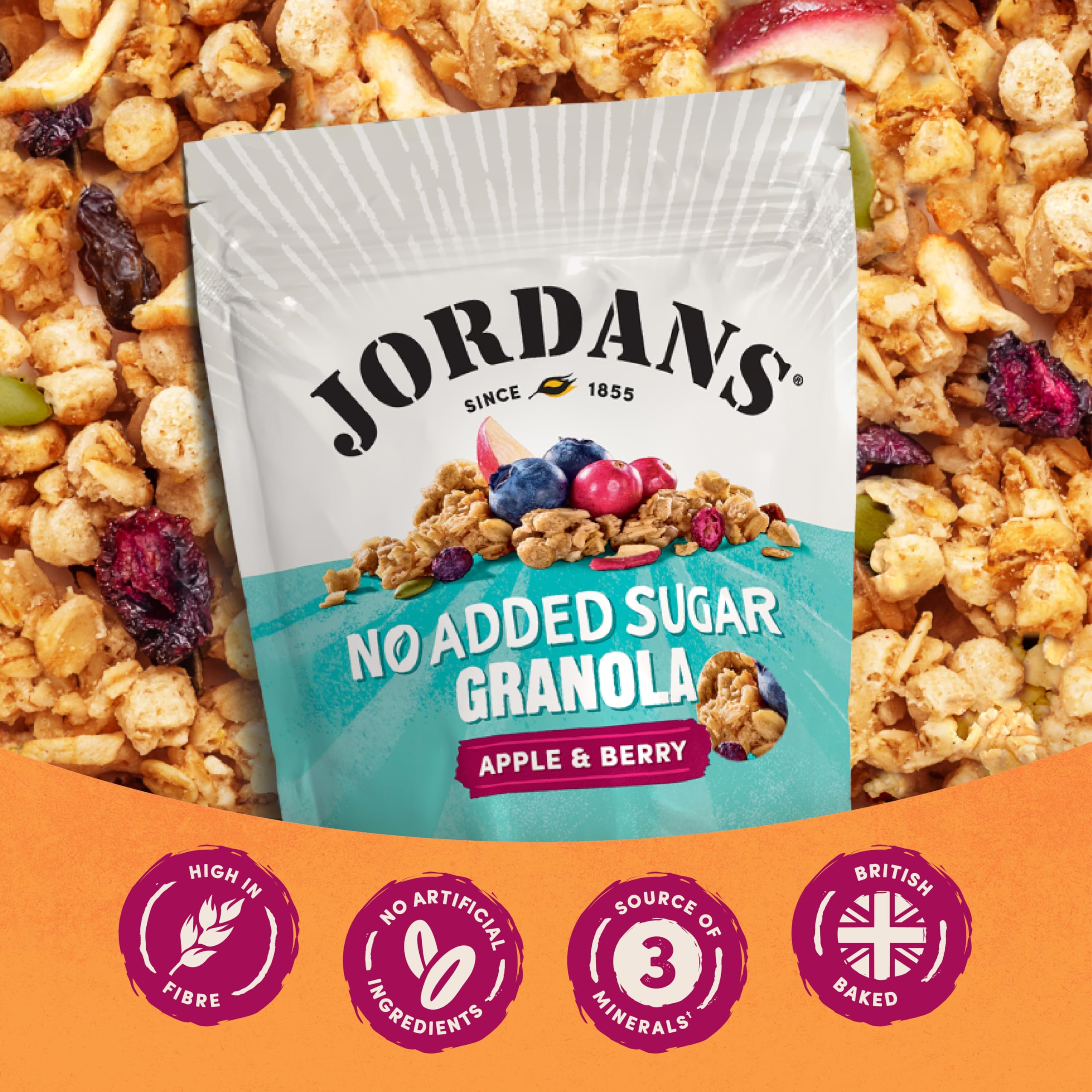 JORDANS Granola No Added Sugar Apple & Berries Cereal | 4 x 425g Multi-pack | High Fibre 4