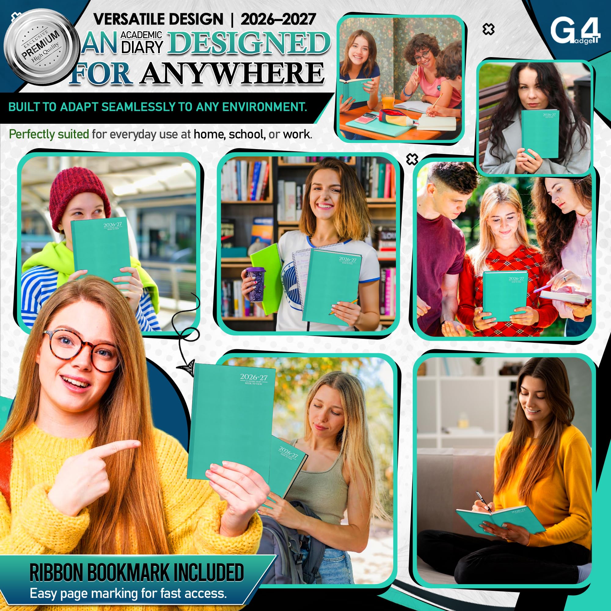 G4GADGET 2026-2027 Academic Diary - A4 Day A Page | Teal Hardback | August 2026 Start 5