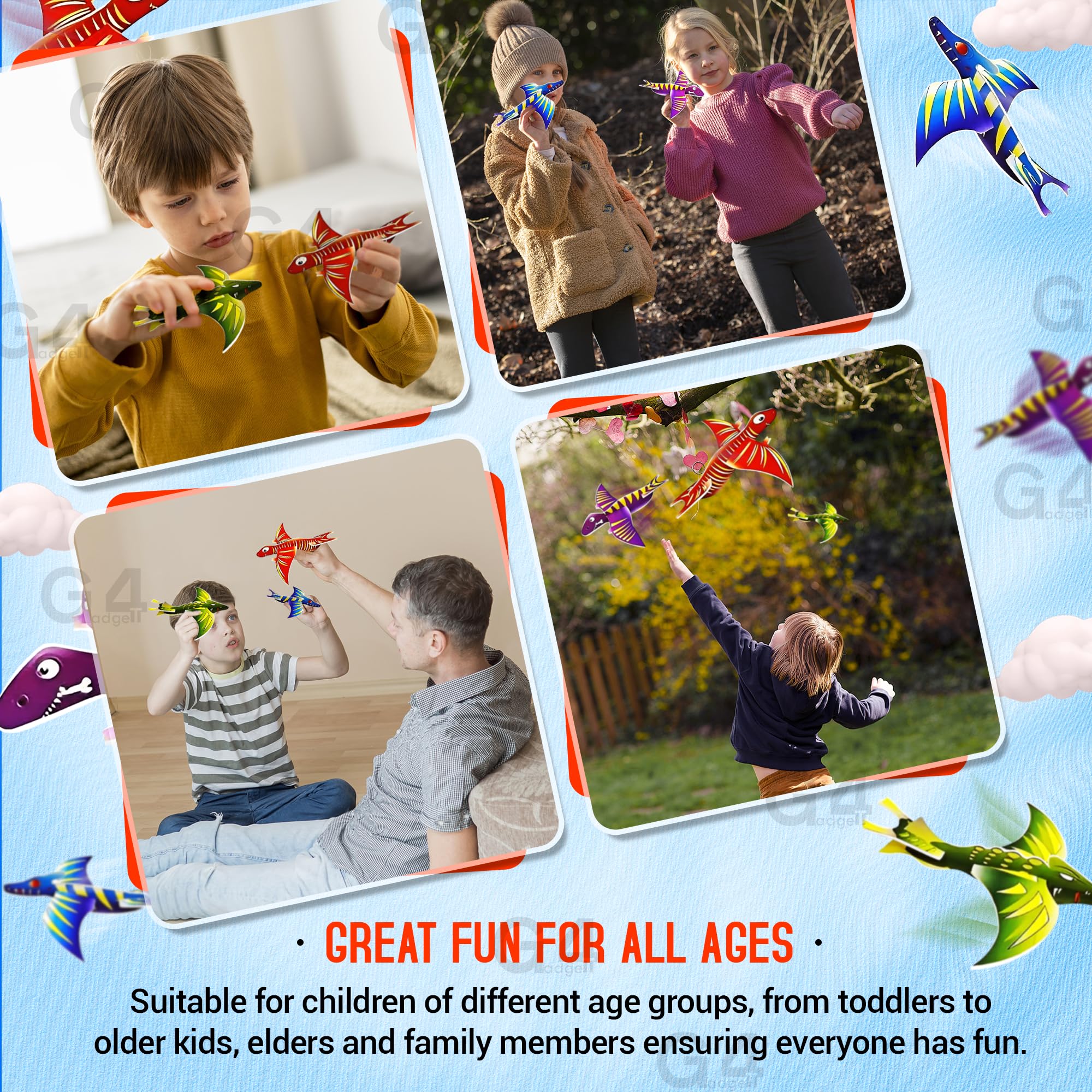 G4GADGET Dinosaurier-Gleitflugzeuge – 12er-Pack, leichte Schaumstoffgleiter für Kinder ab 3 Jahren 8