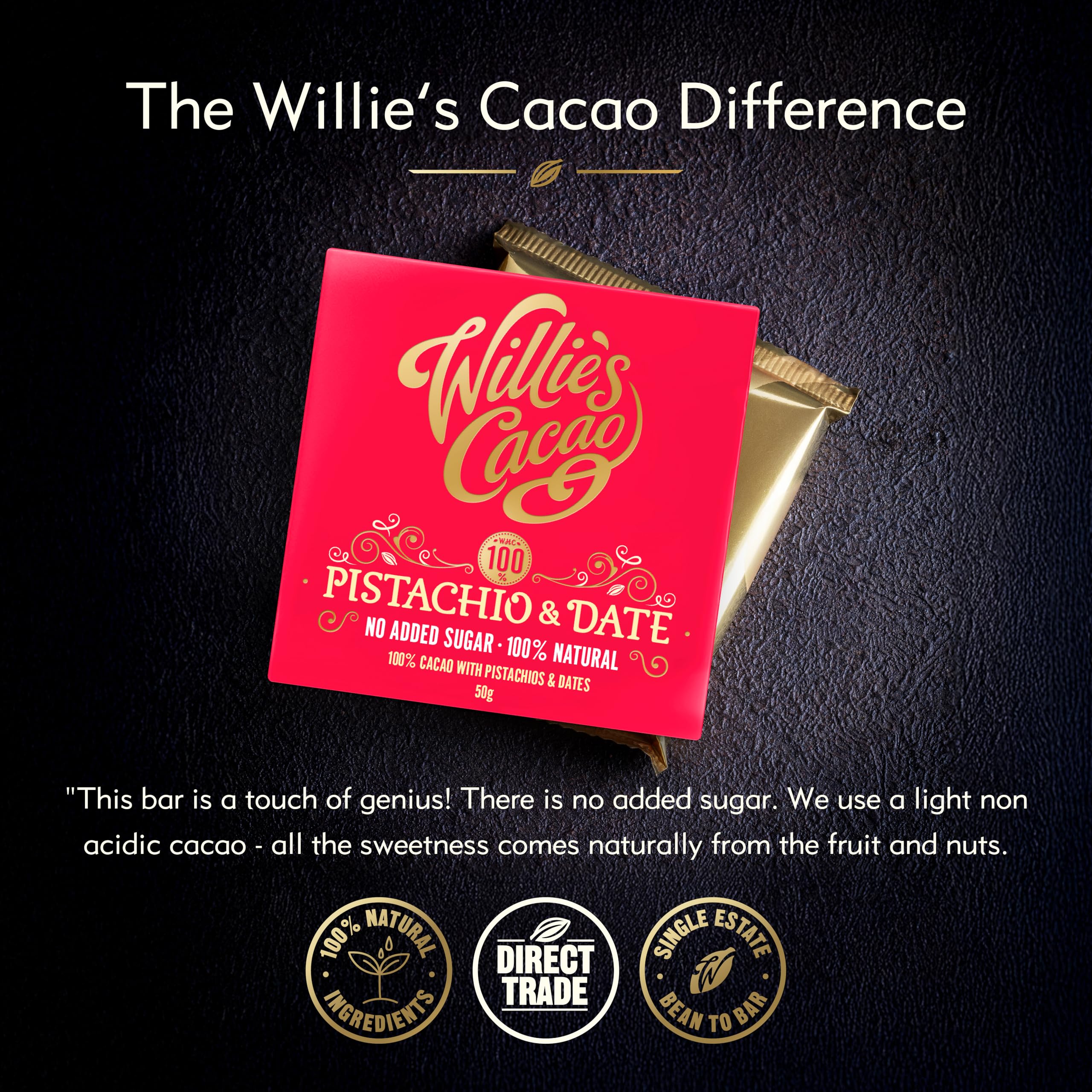 Willie's Cacao - 100% Cocoa with Pistachio & Date - No Added Sugar Chocolate Bar