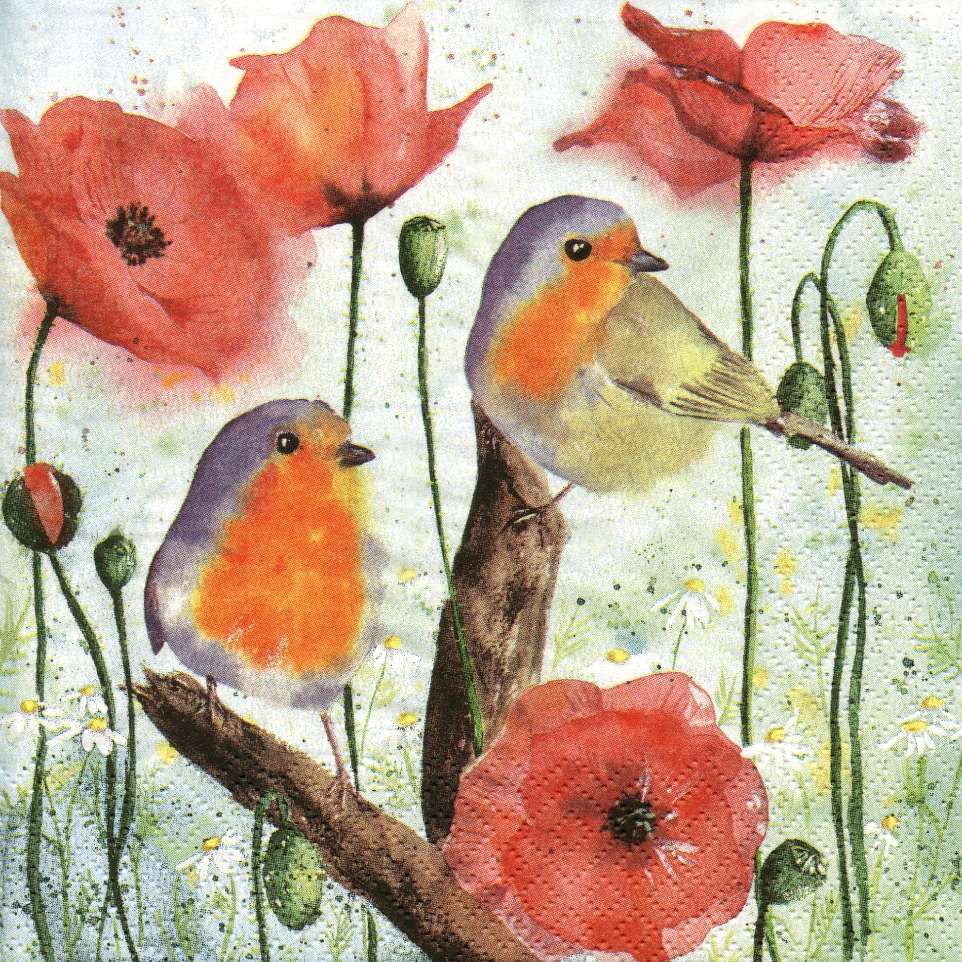 JET PAPIER GMBH Lunch Napkins - 3-Ply, Robin Birds Poppy Flowers Design | 33 x 33 cm | 20 Count
