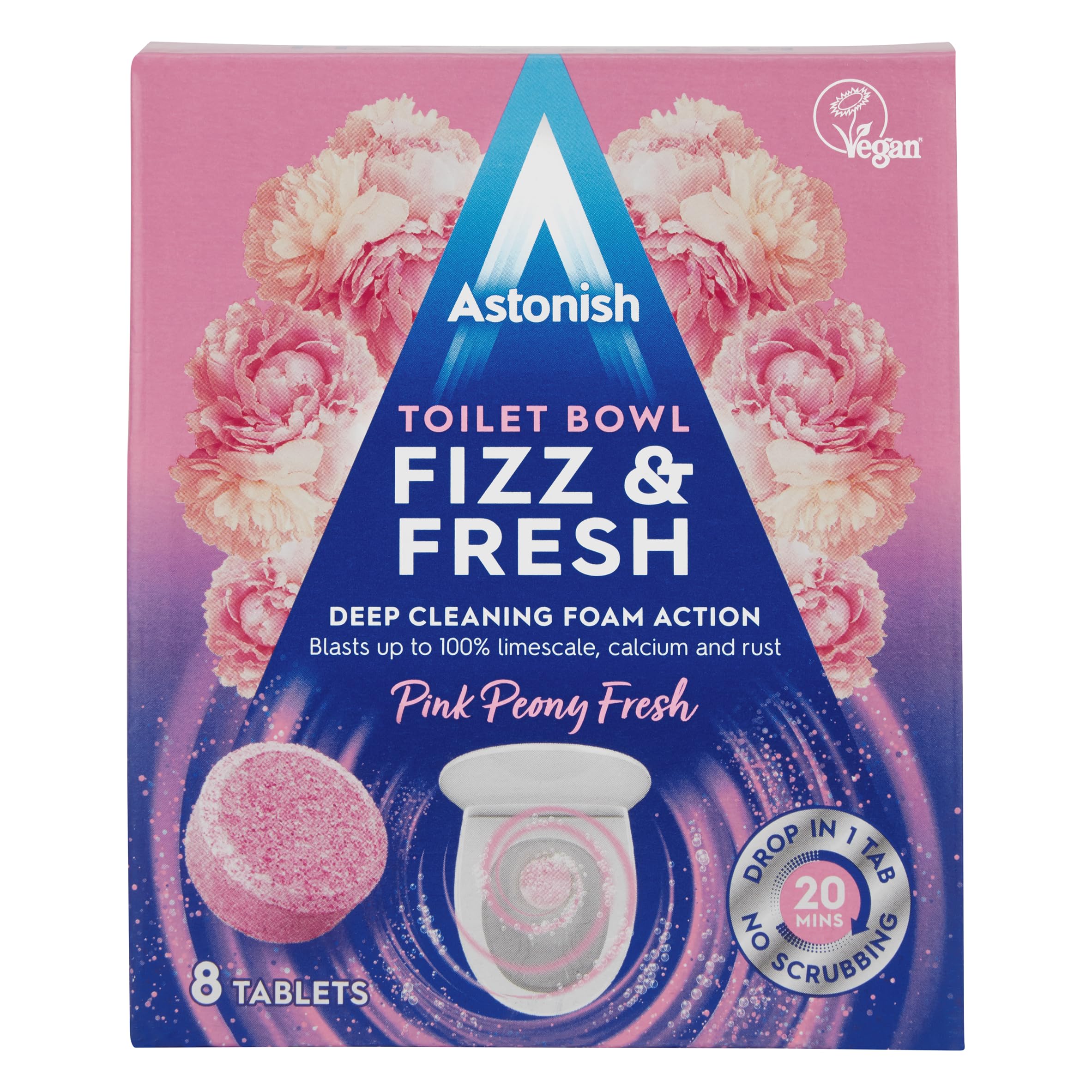 Astonish Toilet Bowl Fizz & Fresh Tablets - Deep Cleaning Foam Action, Pink Peony Fresh Scent | 8 Count