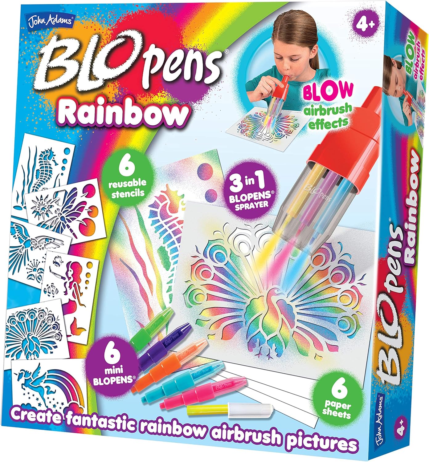 John Adams BLOPENS Rainbow Set - 6 Colour Spray Drawing Kit with Stencils 7