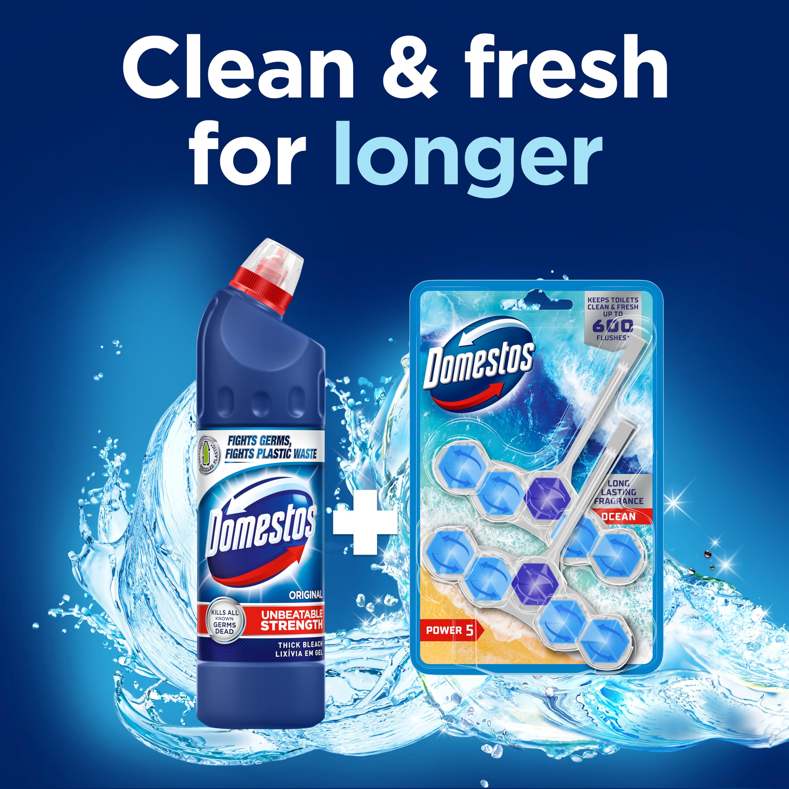 Domestos Power 5 Ocean Toilet Rim Blocks 2x 50 g - Long-Lasting Toilet Freshener with 5 Benefits 6